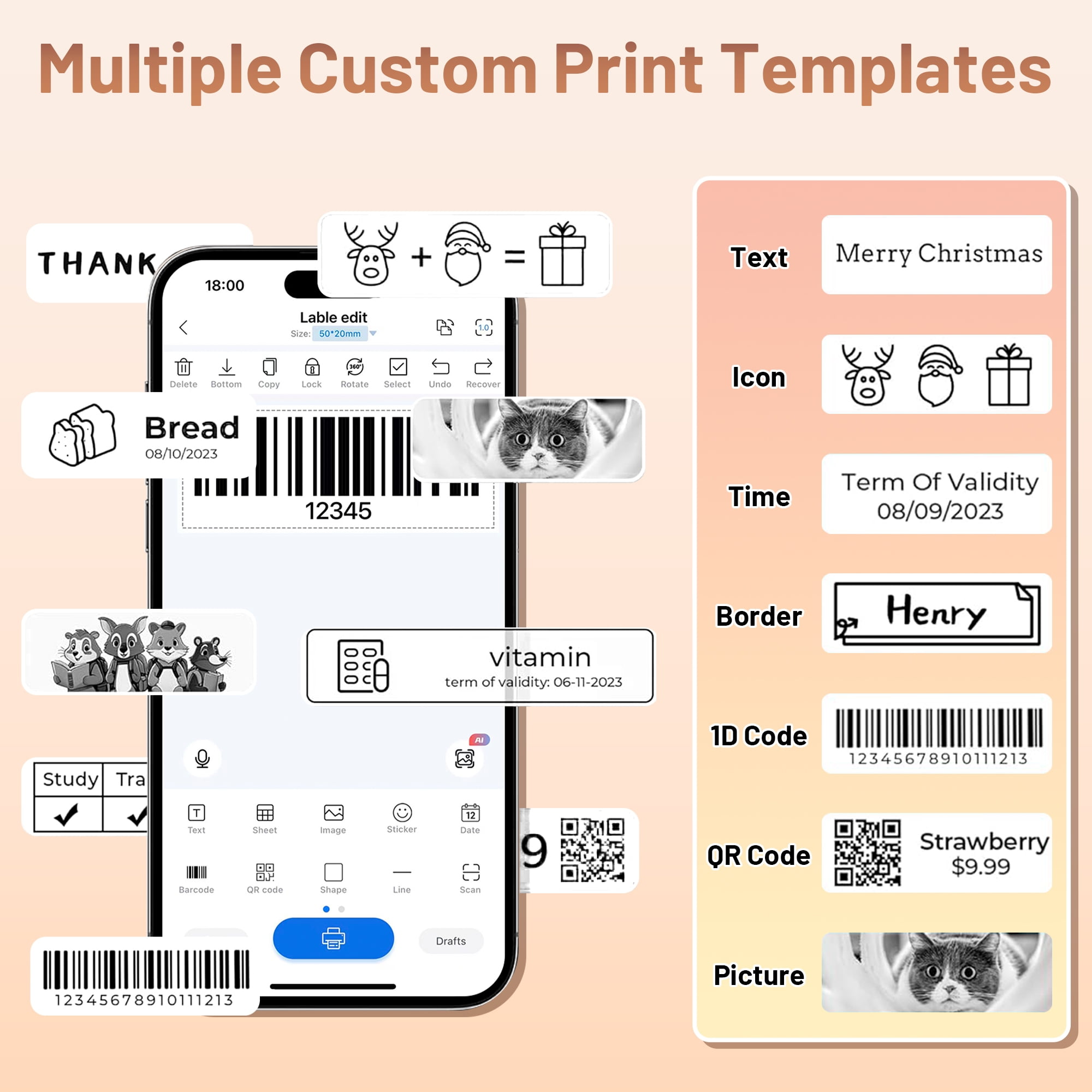 Eine App zeigt Druckvorlagen, Barcodes, QR-Codes, Text, Icons und Bilder.