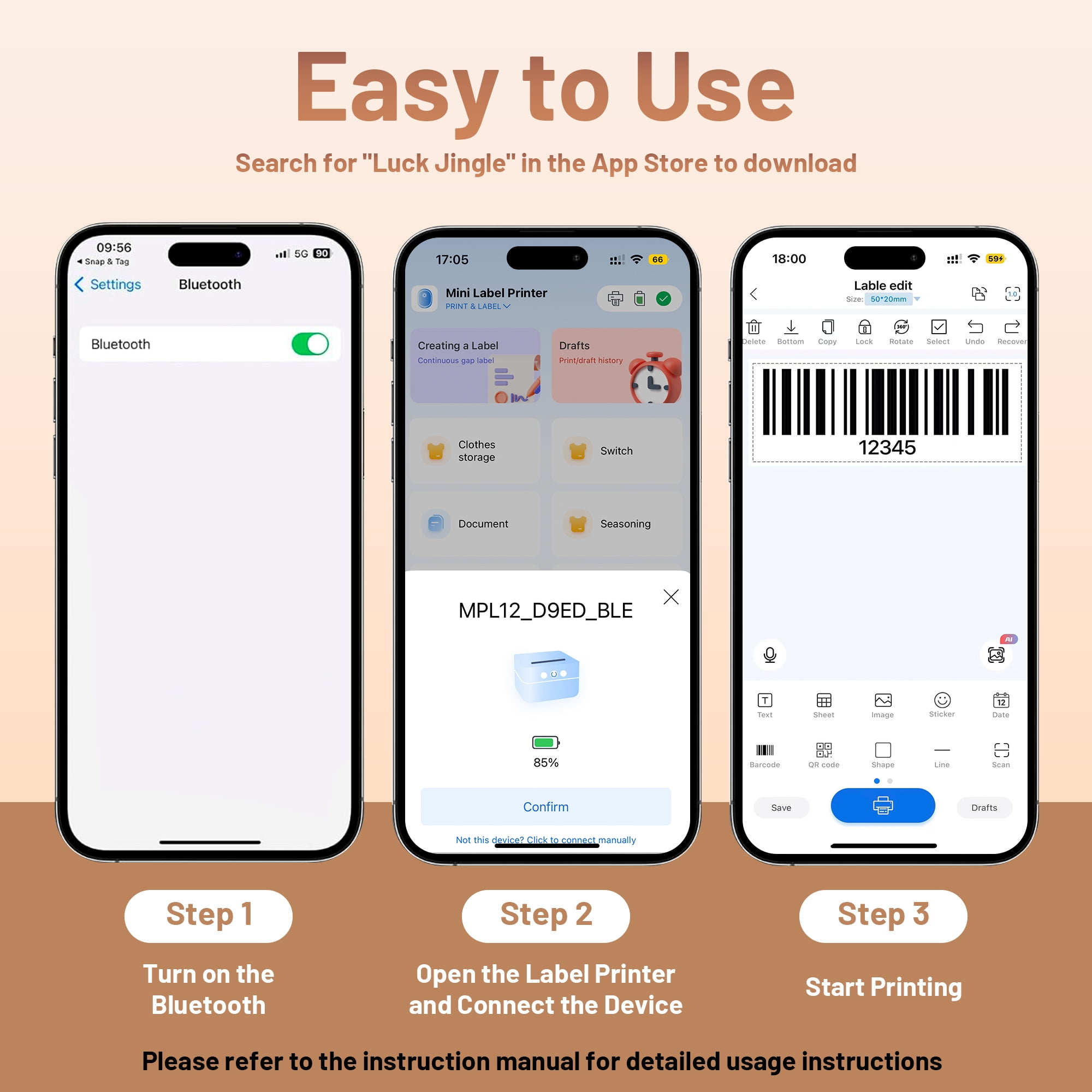 Drei Smartphones zeigen Schritte: Bluetooth-Einstellungen, Drucker-App, Etiketten-Editor mit Barcode.