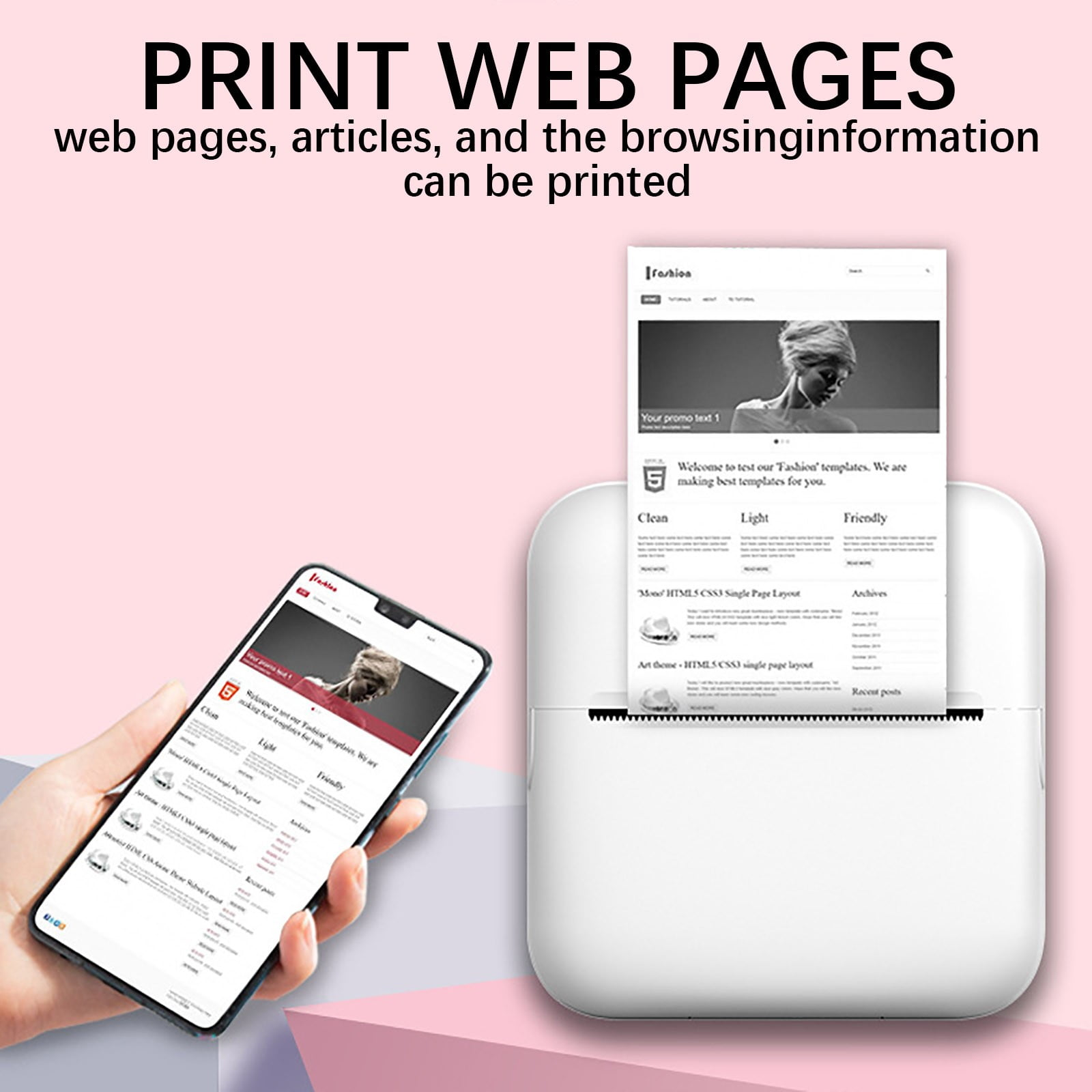 Ein Smartphone und ein Drucker zeigen Webseiten. Text: PRINT WEB PAGES.