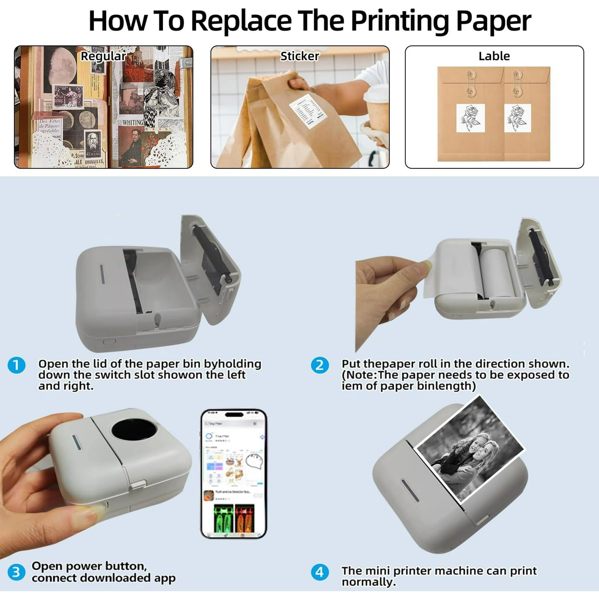 Anleitung zum Ersetzen des Druckpapiers mit Grafiken eines Klebebands, eines Papiers und eines Geräts.