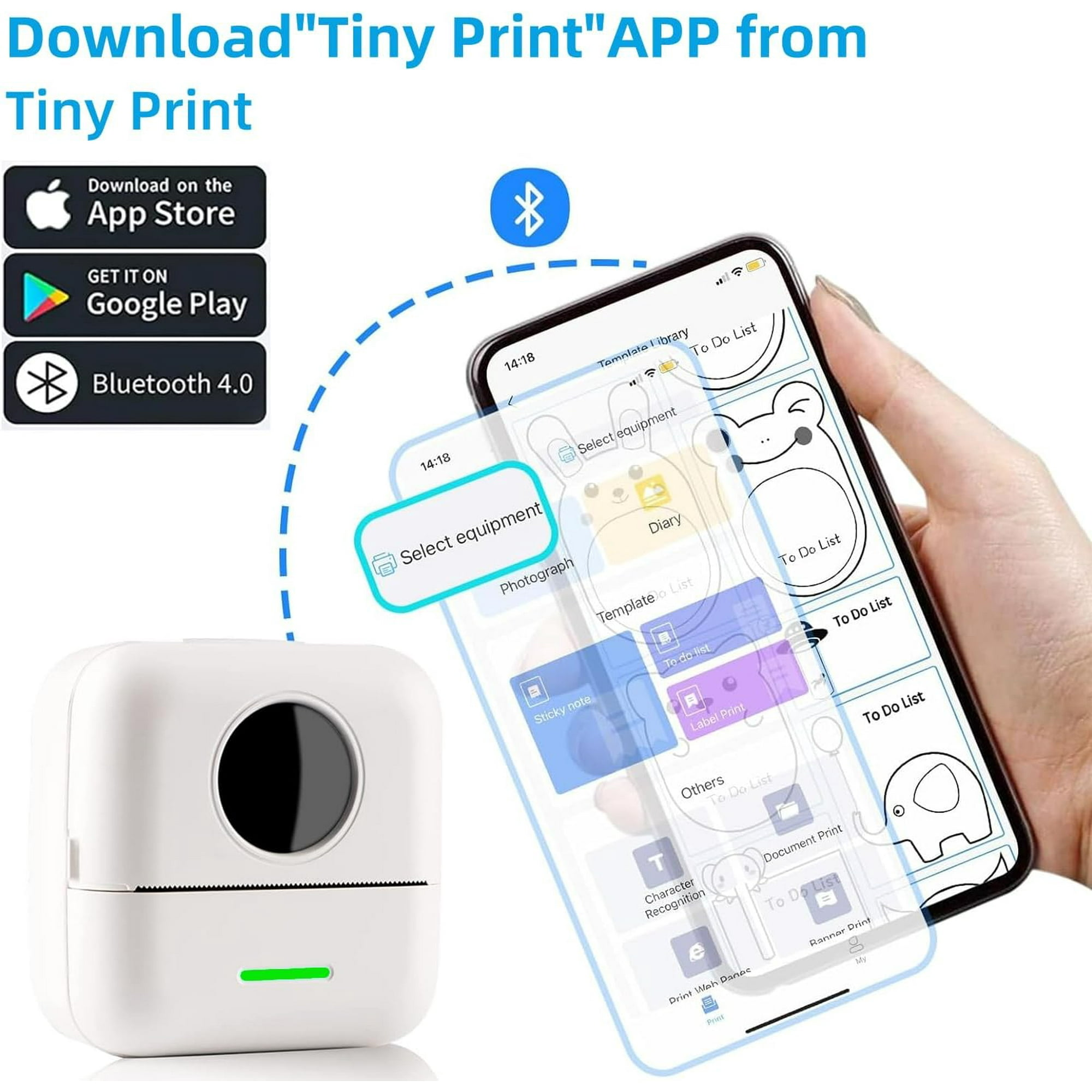 Ein weißer Mini-Drucker und ein Smartphone mit einer App-Oberfläche werden gezeigt.