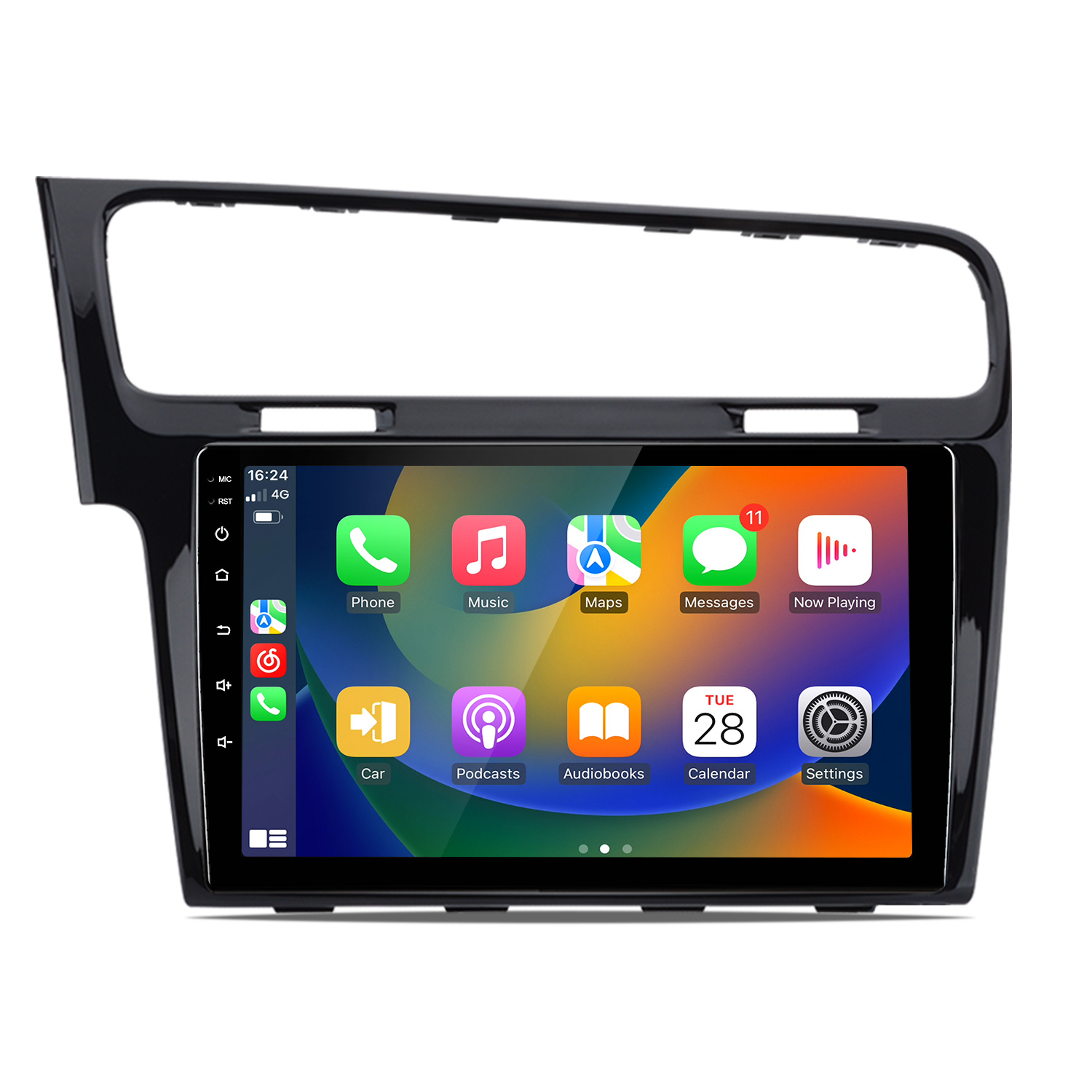 Czarny ekran systemu infotainment samochodu wyświetlający ikony aplikacji, takie jak Telefon, Muzyka, Mapy i Ustawienia.