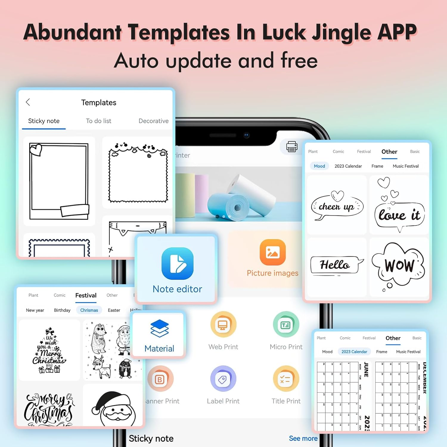 App zeigt Vorlagen: Haftnotizen, Kalender und Weihnachtsdesigns.