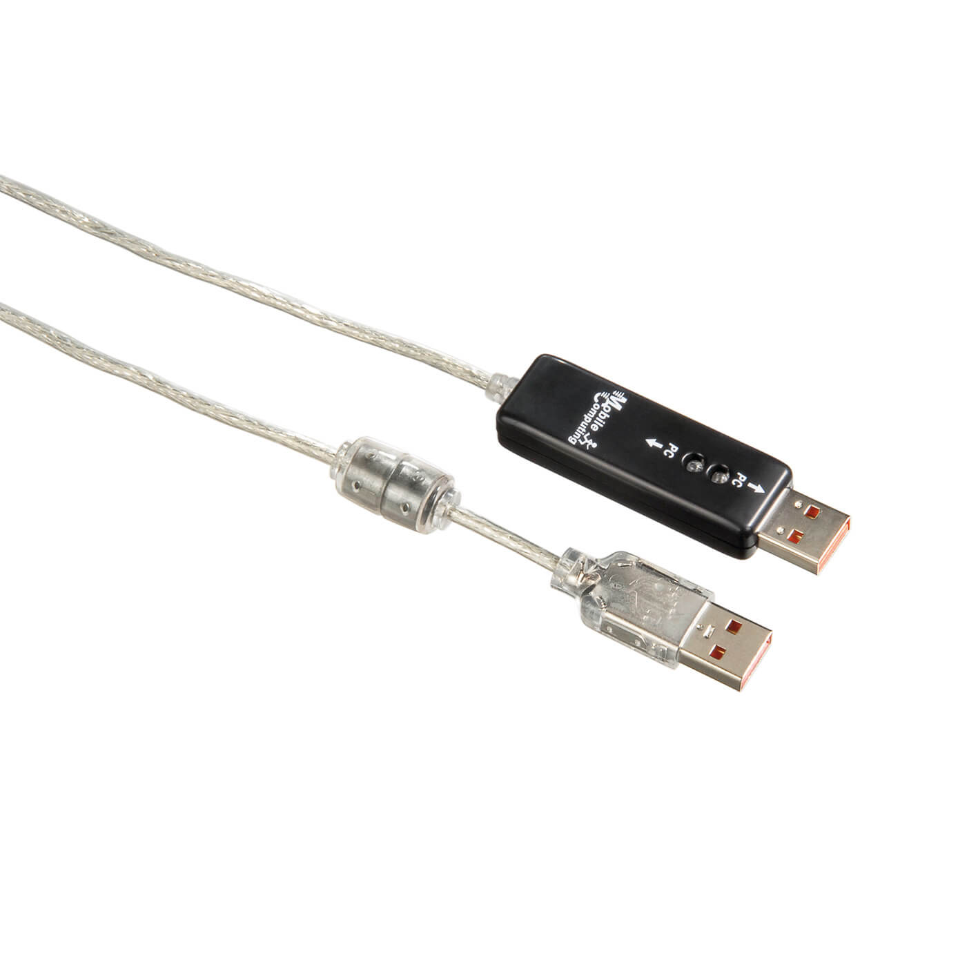 Ein schwarzes USB-Kabel mit zwei Anschlüssen auf weißem Hintergrund.