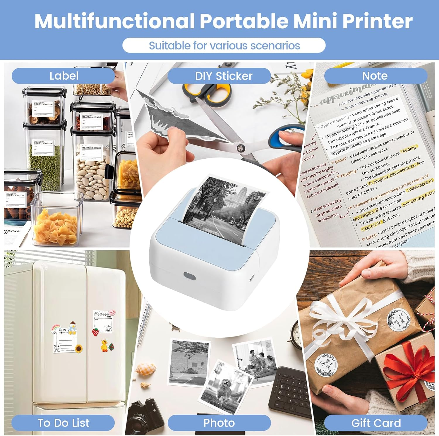 Collage zeigt einen tragbaren Mini-Drucker für Etiketten, Aufkleber, Notizen, To-Do-Listen, Fotos und Geschenkkarten.