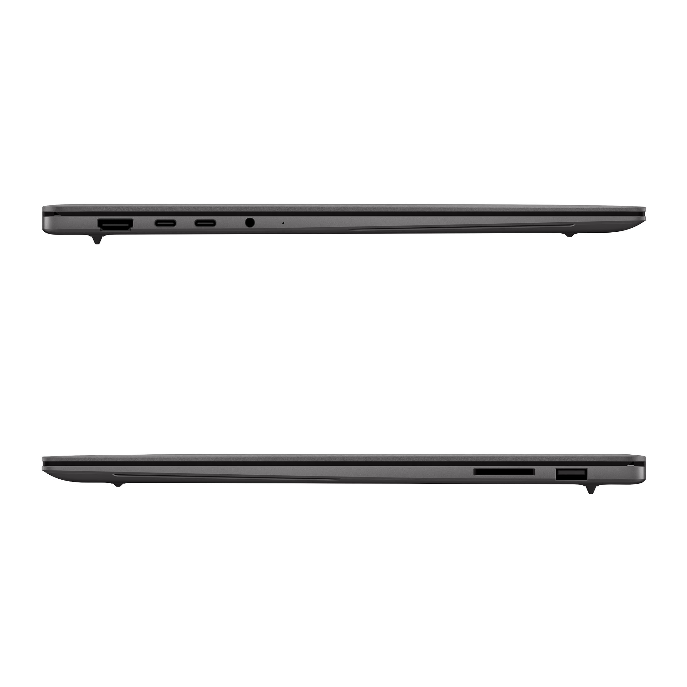 Profil d'ordinateur portable gris montrant les ports : USB-C, HDMI, prise casque, lecteur de carte SD.