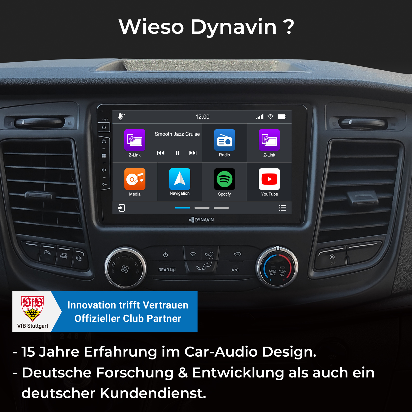 Ein Auto-Infotainmentsystem mit Apps wie Z-Link, Radio, Media, Spotify und YouTube.