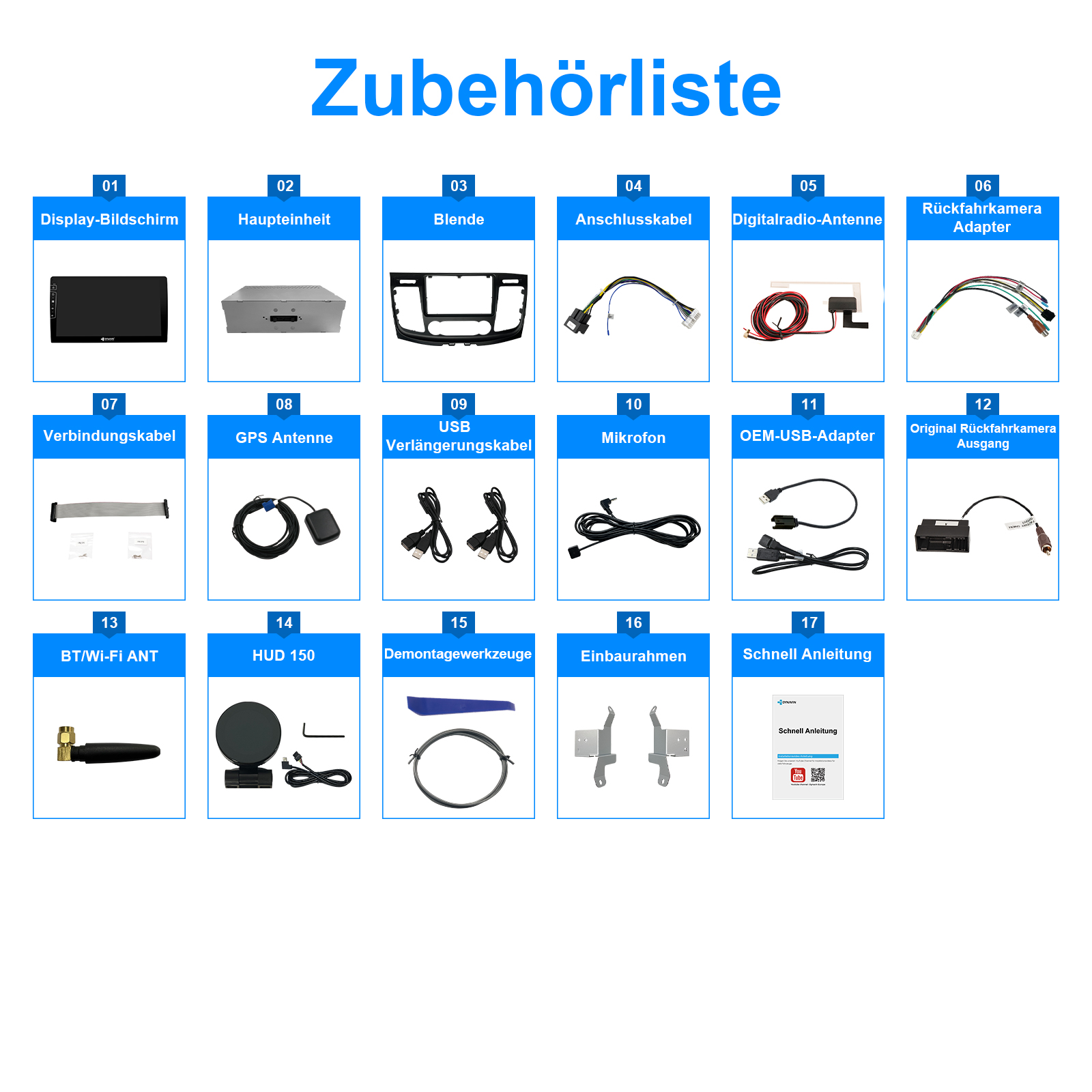 Übersicht der Autozubehörteile mit Nummern und Namen, darunter ein Bildschirm, Haupteinheit, Blende, Kabel, Antennen, Adapter, Mikrofon, Werkzeuge und Anleitung.