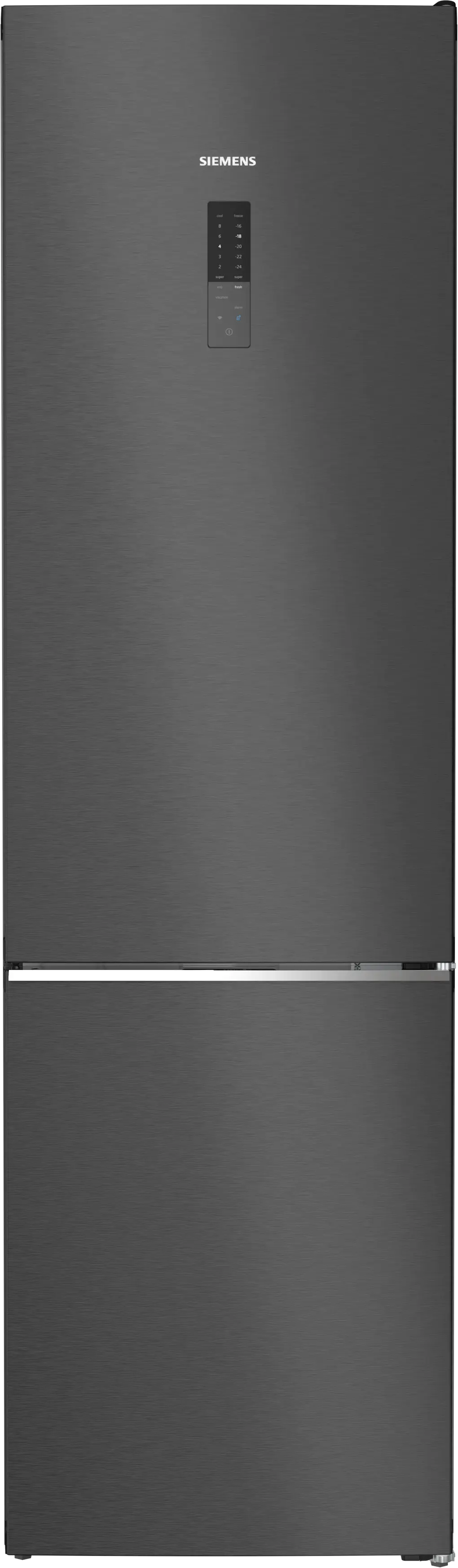 Refrigerador Siemens gris oscuro con panel de control táctil y tirador plateado.