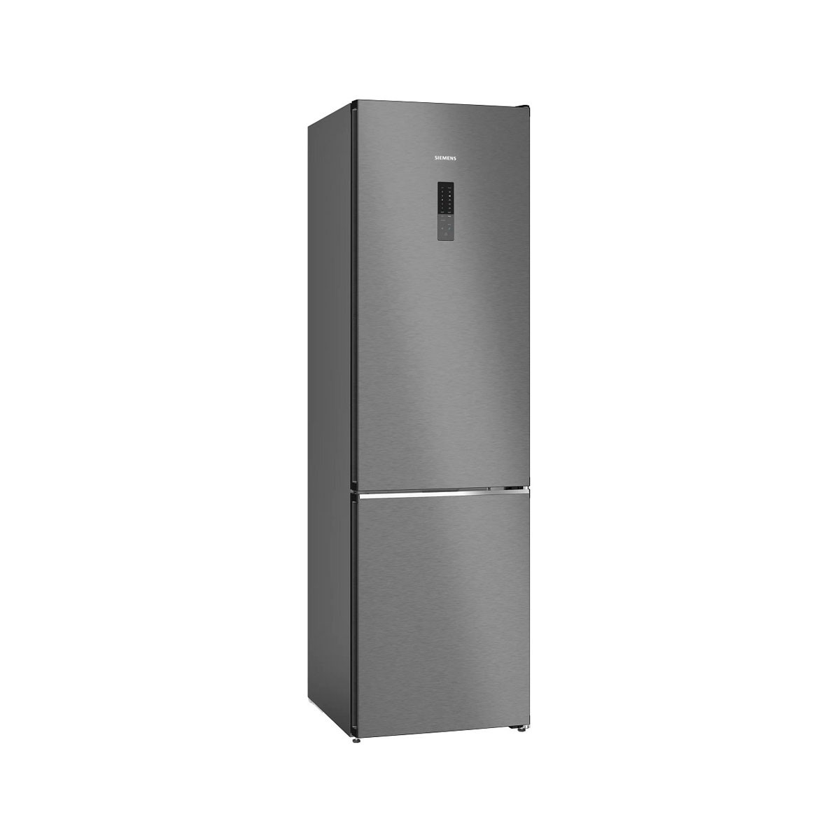 Un frigorífico Siemens gris, moderno y elegante, con pantalla digital en la puerta superior.