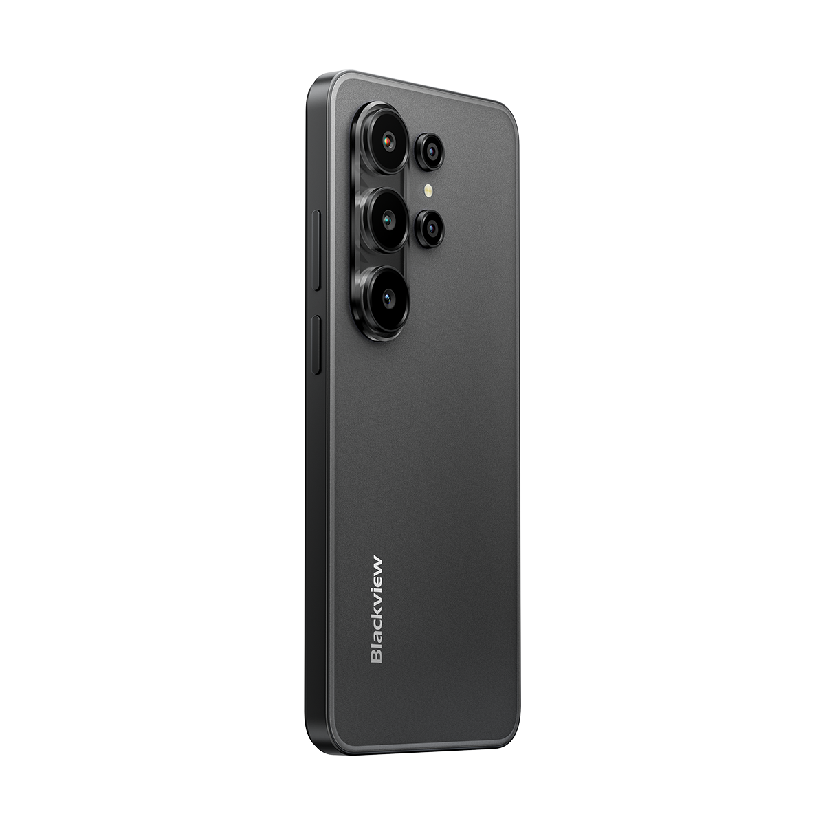 Rückseite eines schwarzen Smartphones mit vier Kameralinsen und dem BlackView-Logo.