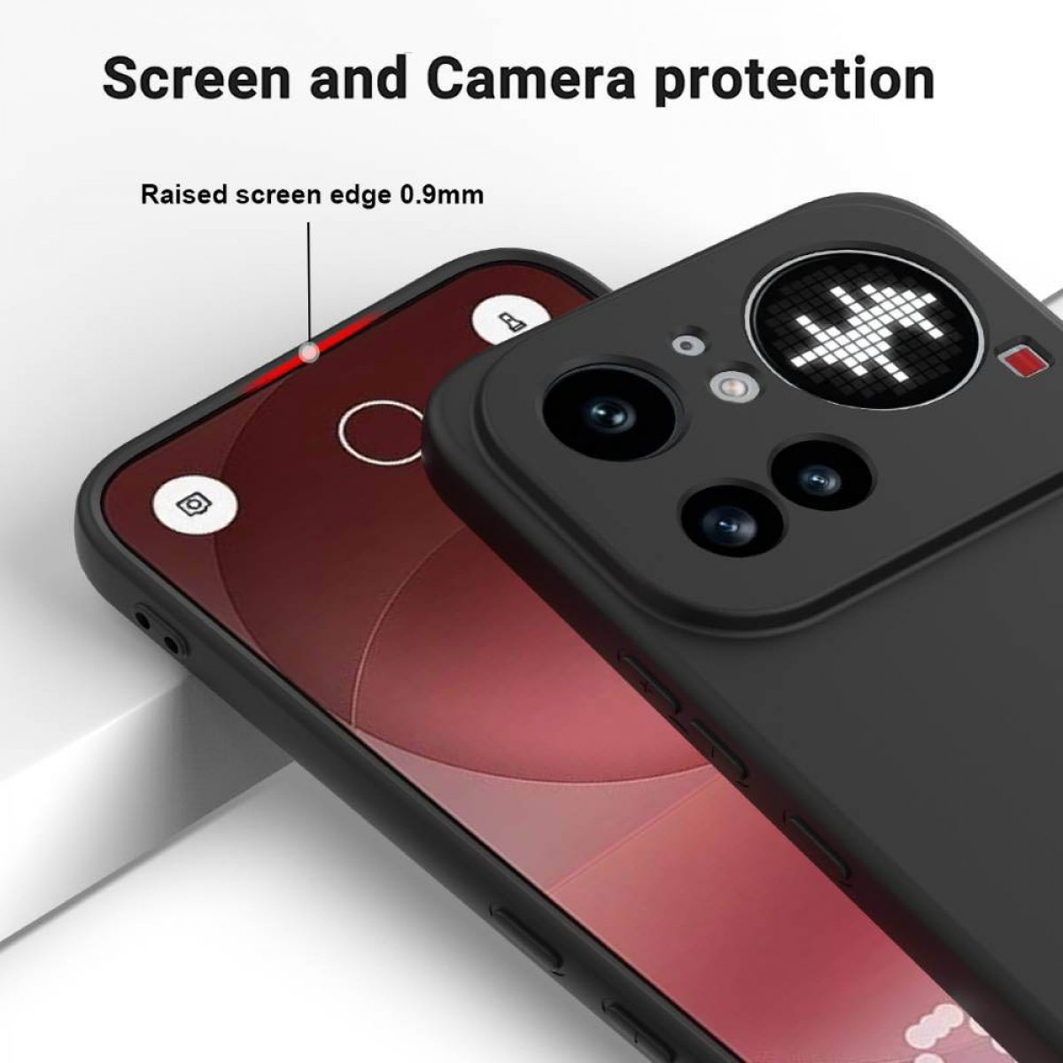 Schwarzes Handycase mit Kamera-Layout und erhabener Kante für Bildschirmschutz.