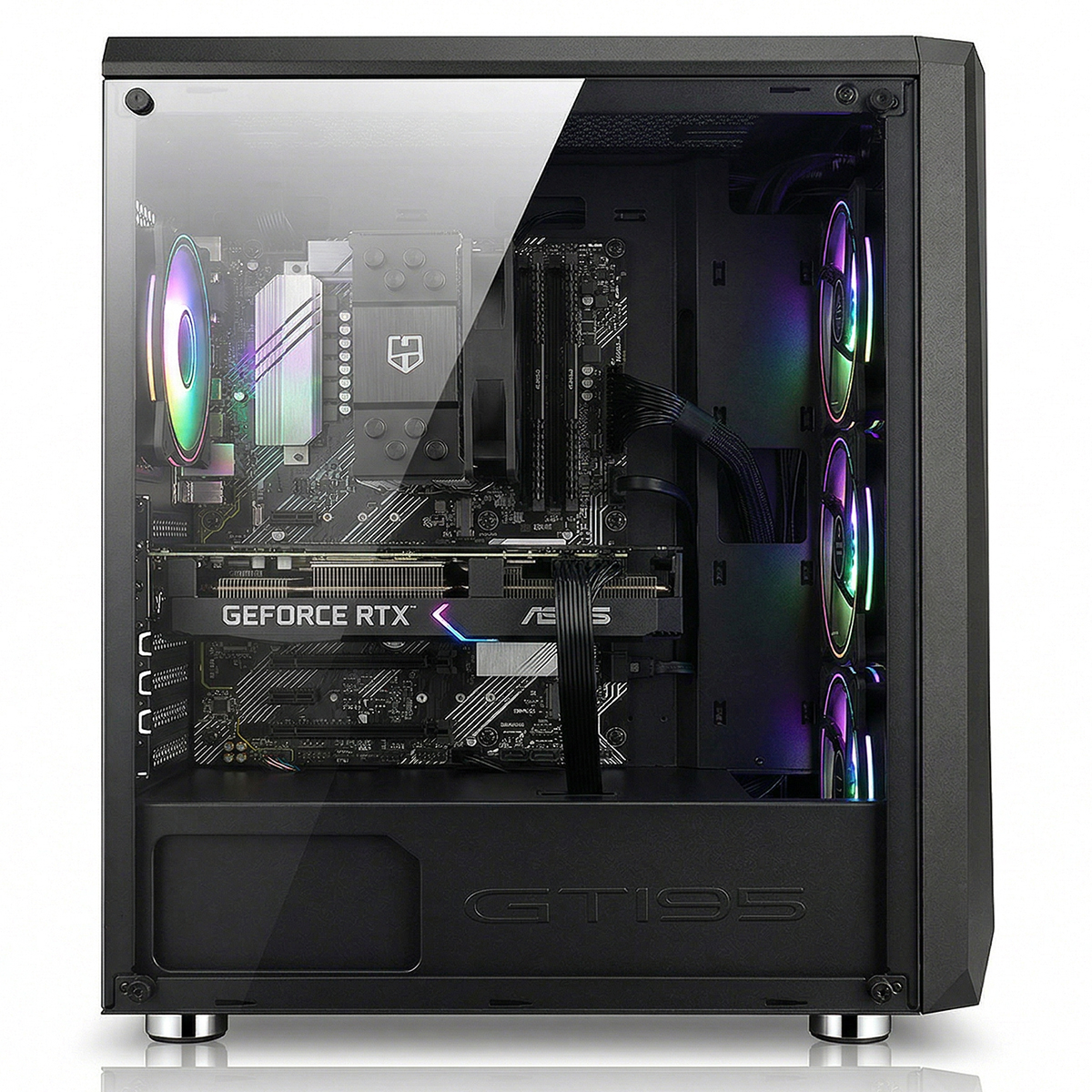 Una tower PC nera con pannello laterale trasparente rivela componenti interni e illuminazione RGB.