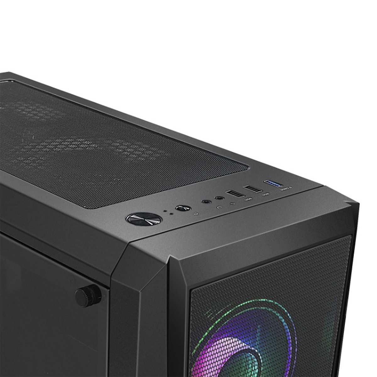 Caja de ordenador negra con ventiladores y puertos USB en la parte superior.