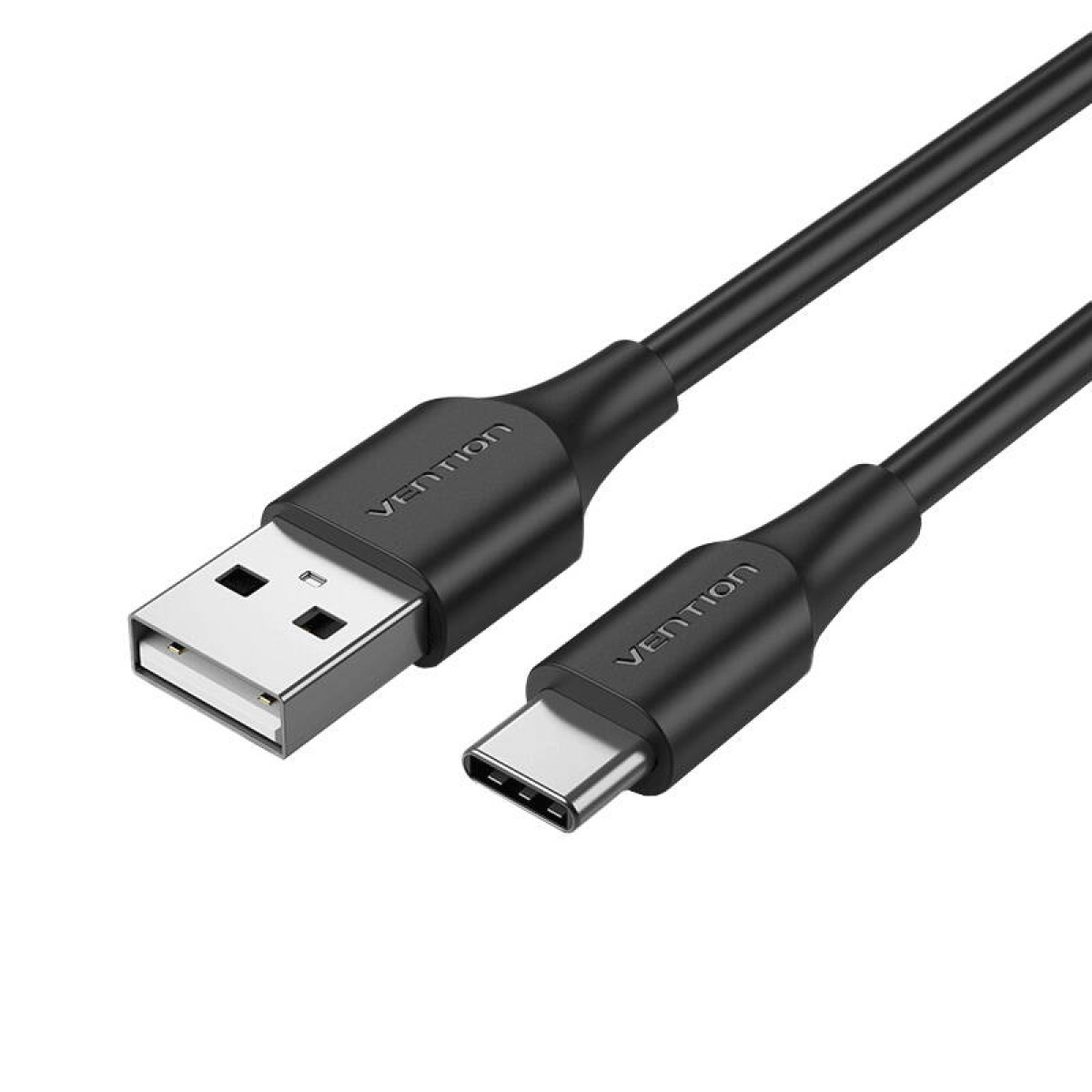 Ein schwarzes Vention USB-A-zu-USB-C-Kabel auf weißem Hintergrund.