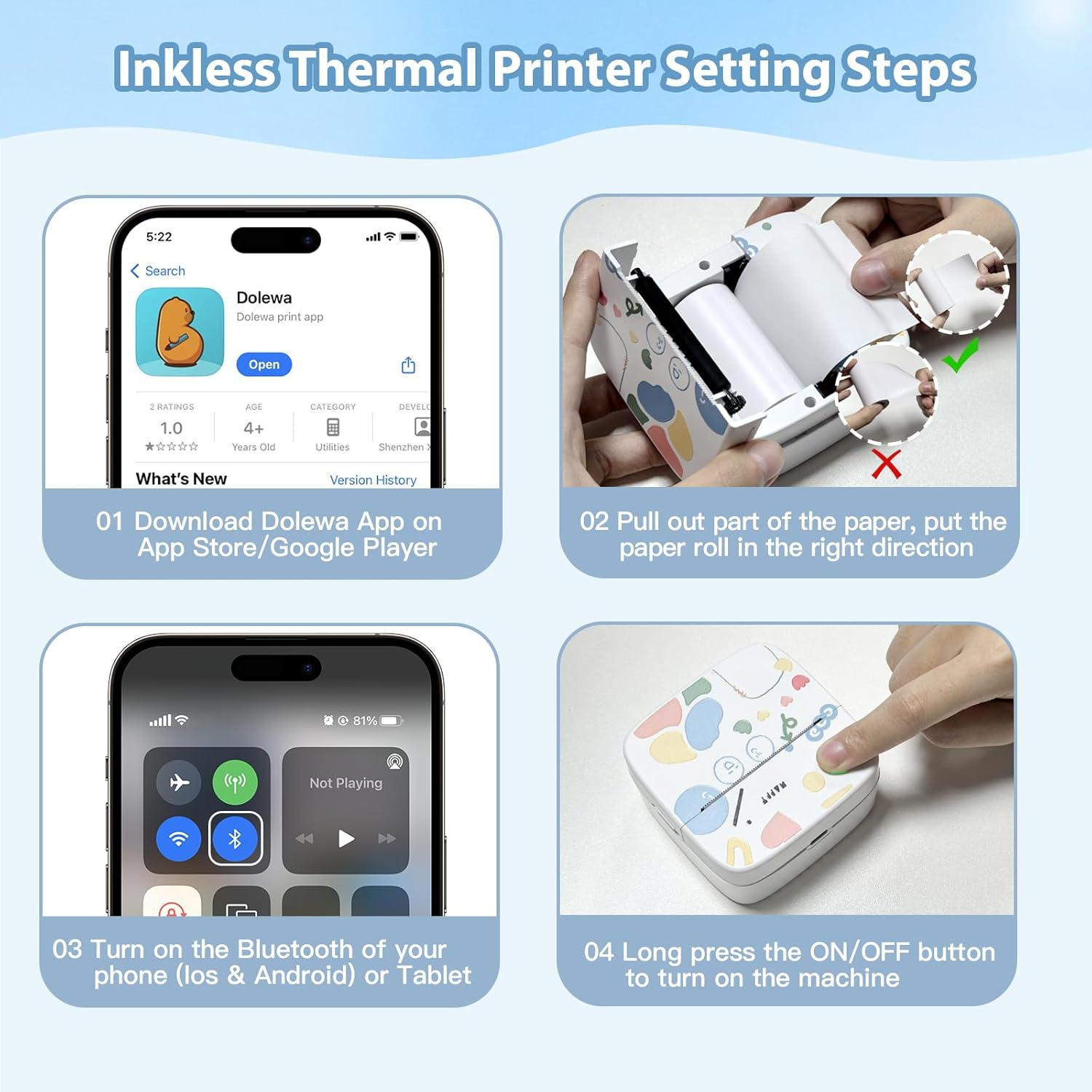 Schritte zum Einrichten eines tintenlosen Thermodruckers: App herunterladen, Papier einlegen, Bluetooth aktivieren, Drucker einschalten.