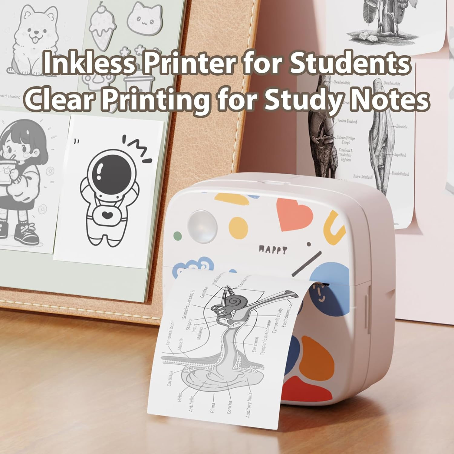 Tintenloser Drucker mit süßen Designs druckt ein Gehörgang-Anatomiediagramm und Lernnotizen.