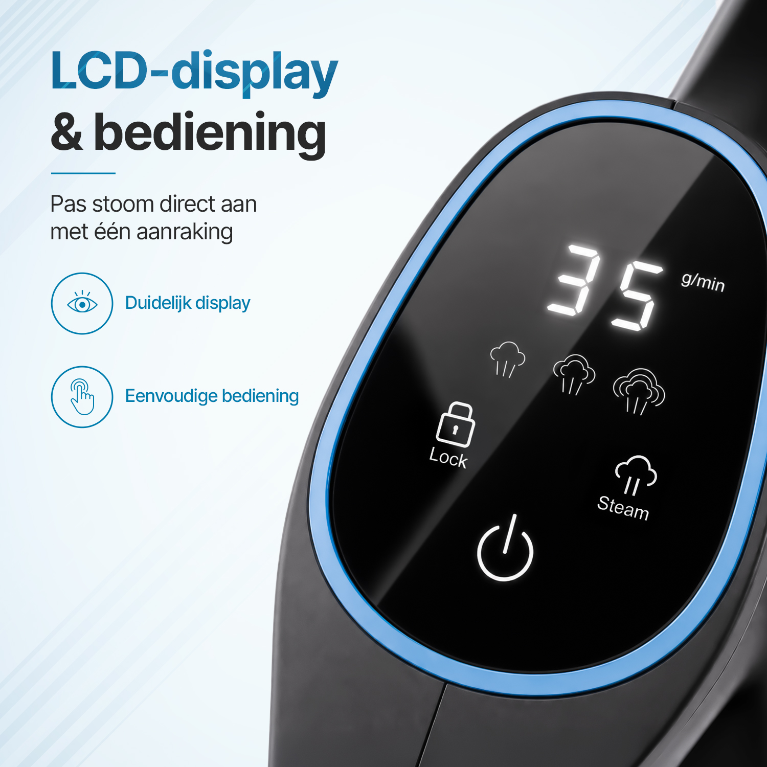 Een zwart apparaat met LCD-scherm waarop '35 g/min', slot- en stoompictogrammen staan.