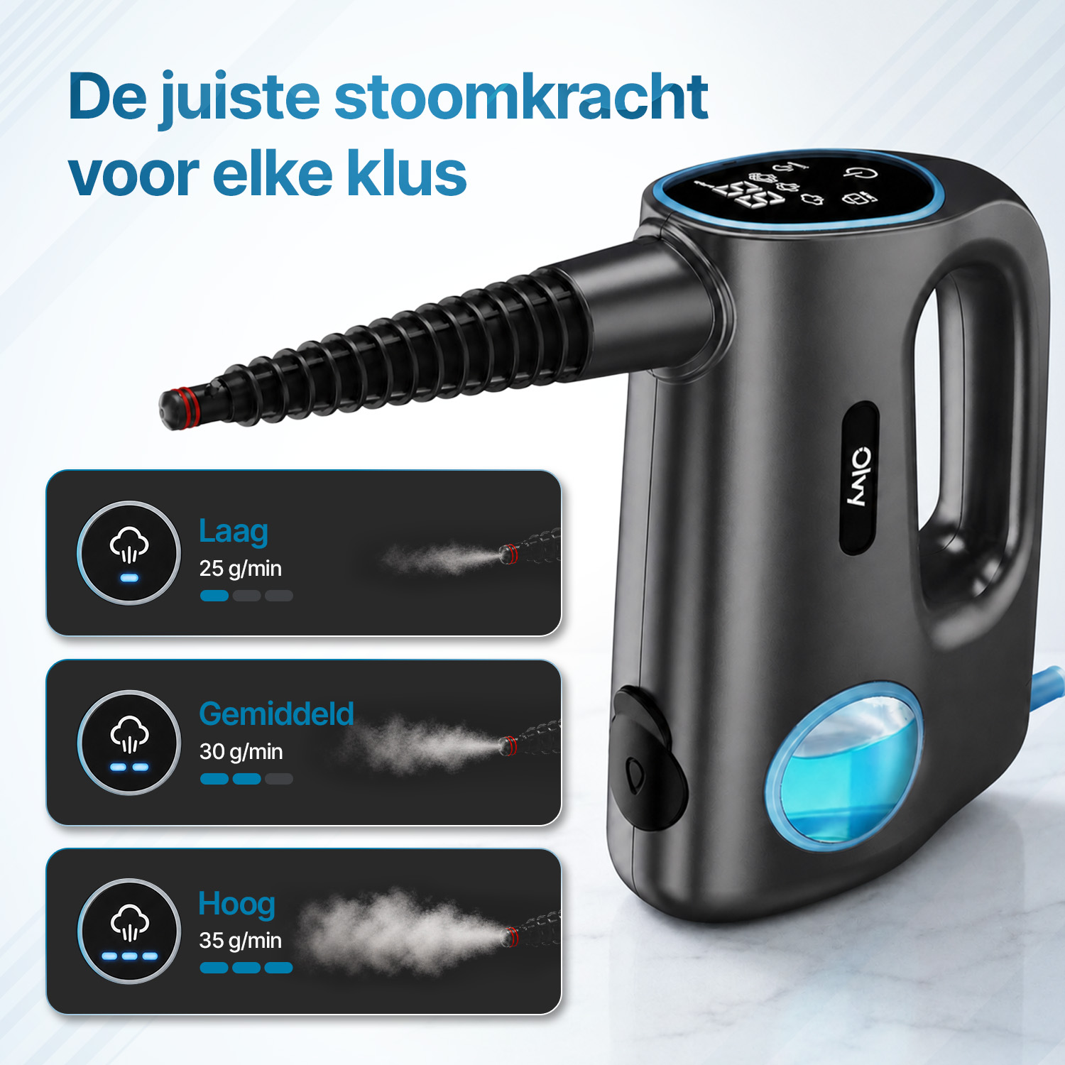 Een zwarte stoomreiniger met drie standen: Laag (25g/min), Gemiddeld (30g/min), Hoog (35g/min).