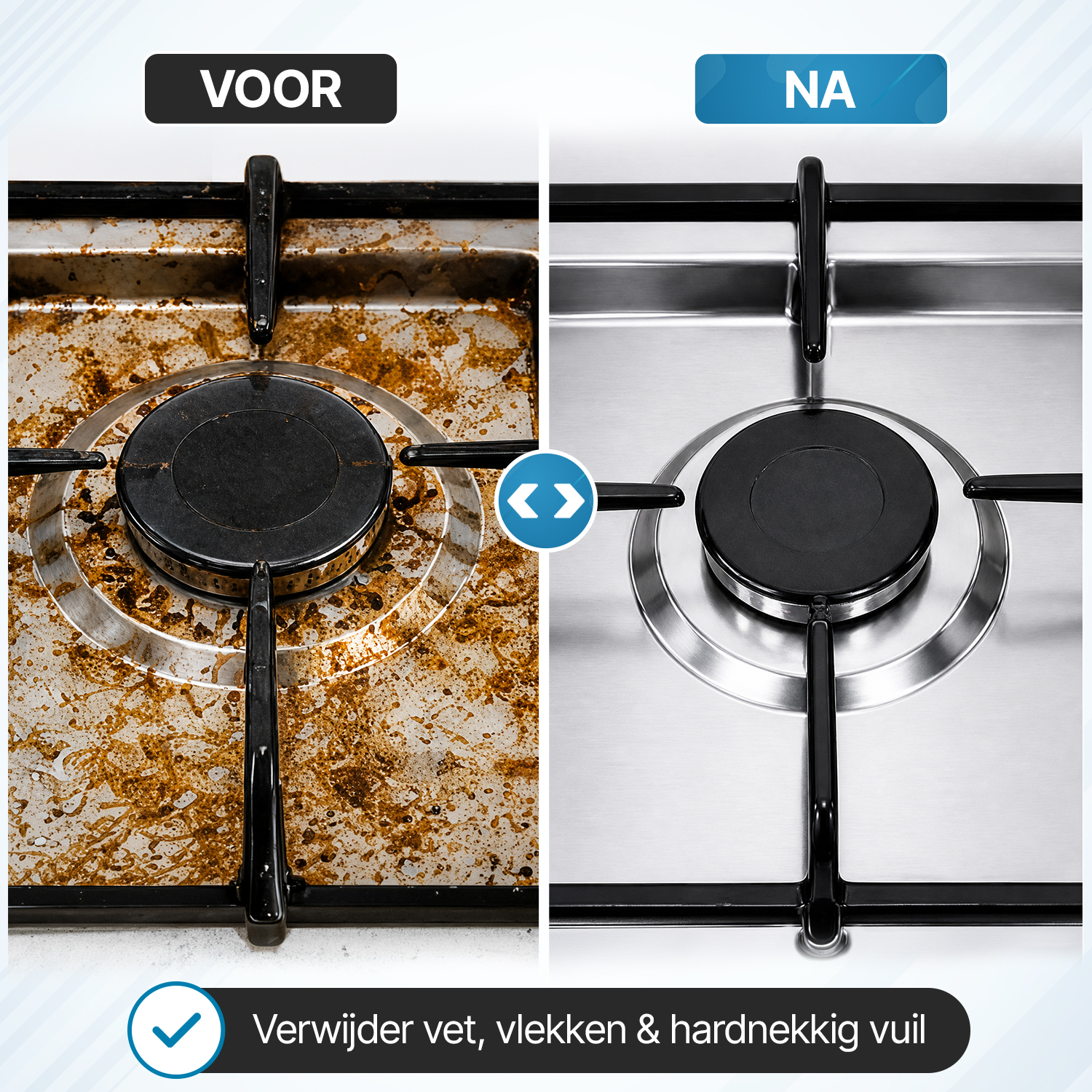 Voor en na vergelijking van een vuile gasfornuis met een schone.