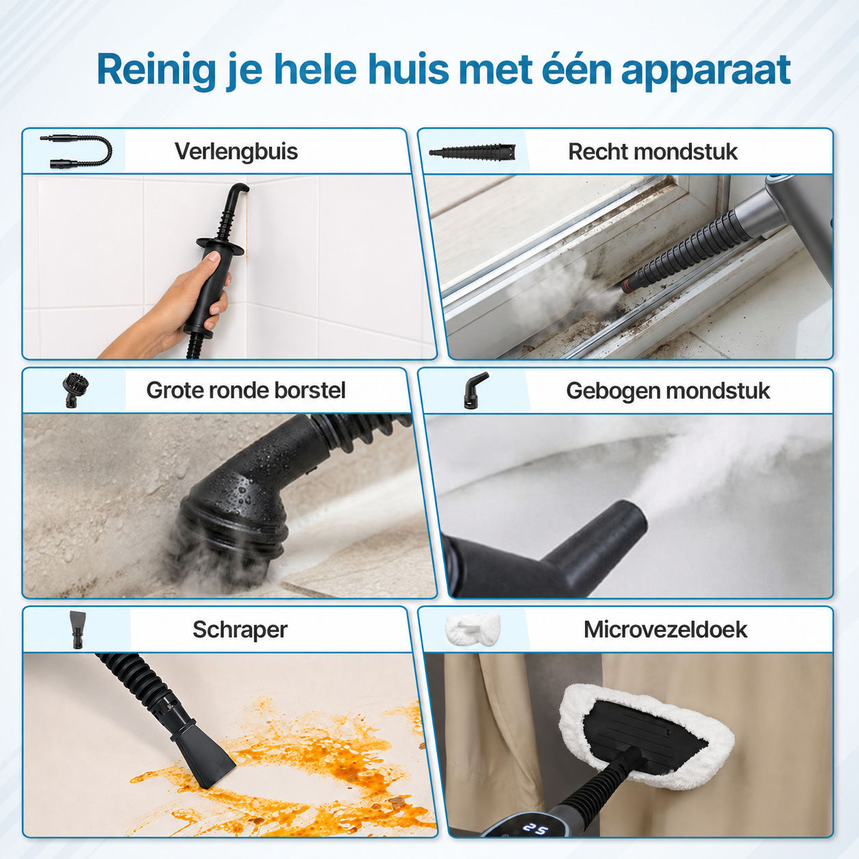 Reinig je hele huis met één apparaat: verlengbuis, recht/gebogen mondstuk, borstel, schraper, microvezeldoek.