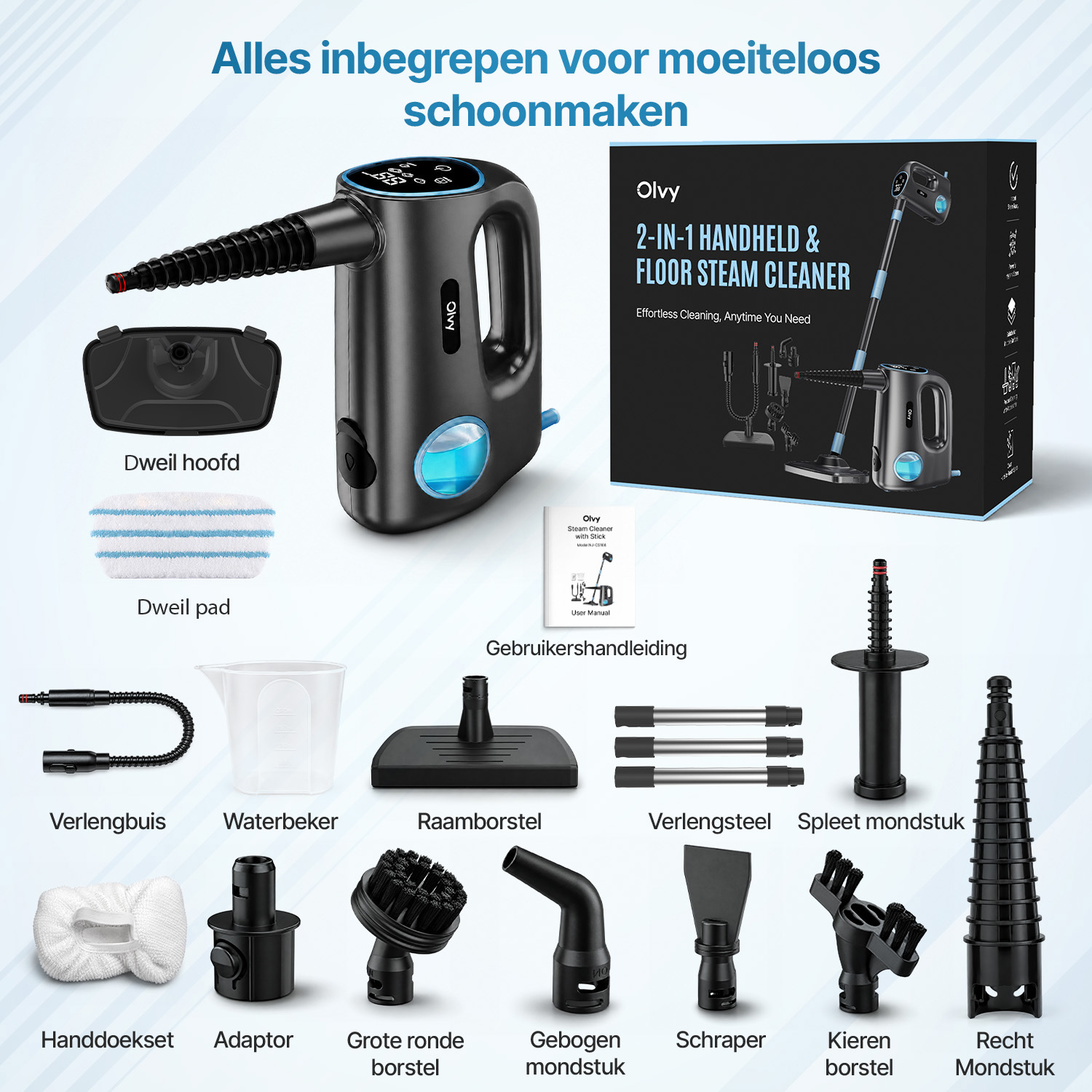 Stoomreiniger met accessoires: handmatig, vloerreiniger, borstels, spuitmonden, verlengstukken.