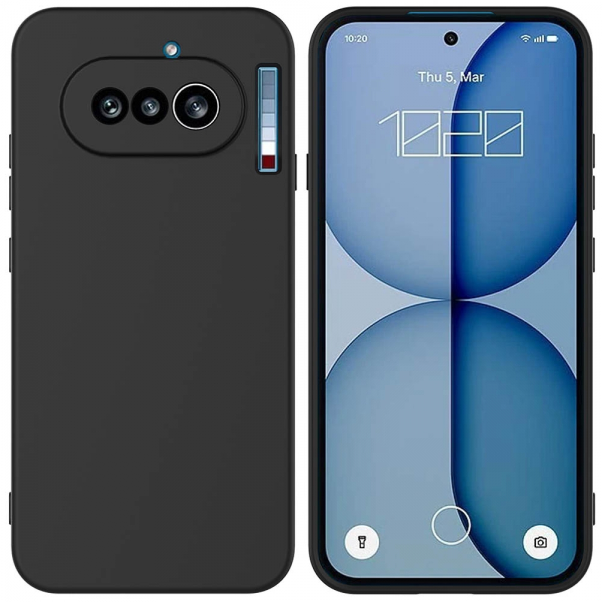 Schwarzes Smartphone mit drei Kameras auf der Rückseite und einem blauen Bildschirm.
