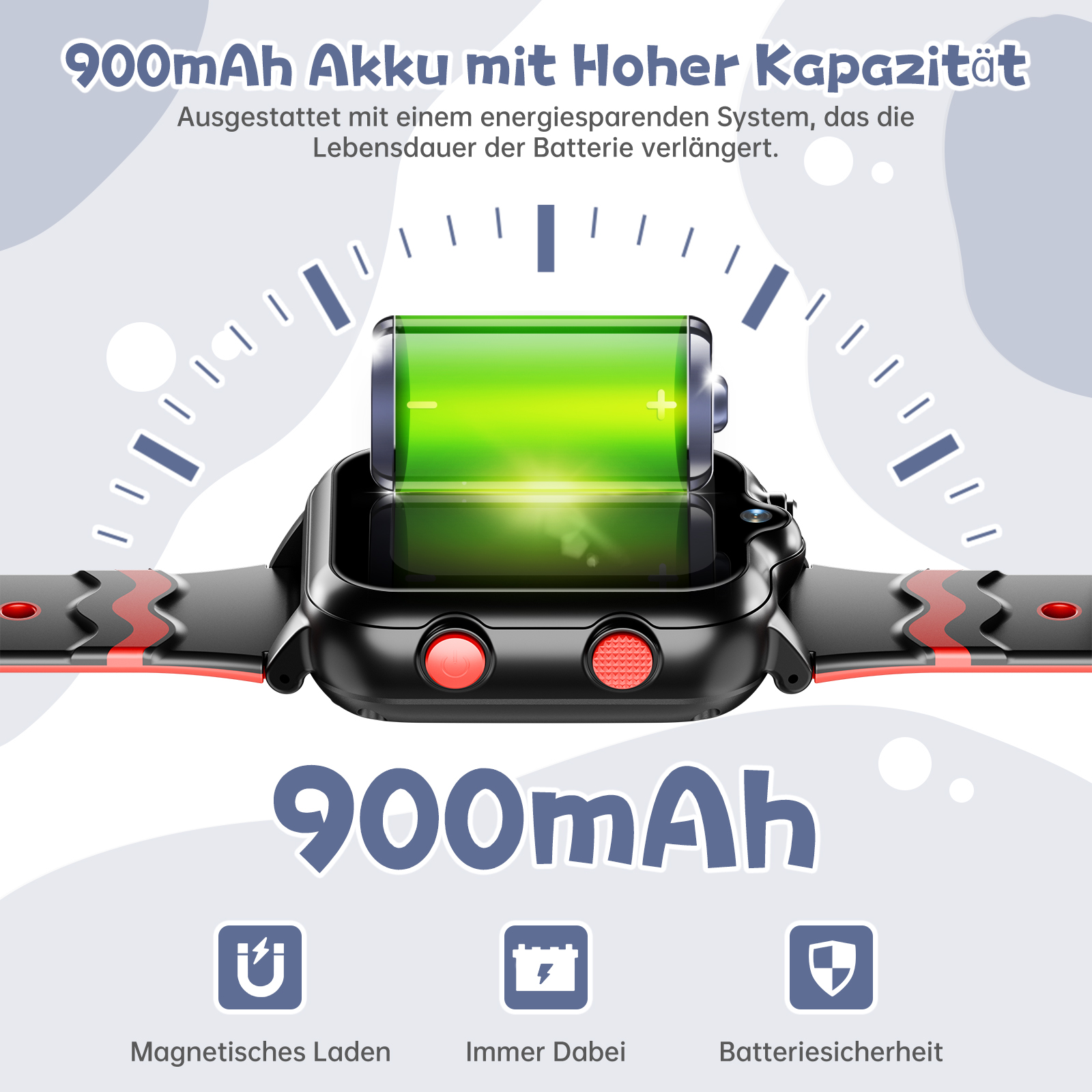 Eine Armbanduhr mit einem leuchtend grünen Akku-Symbol. "900mAh" steht groß da.