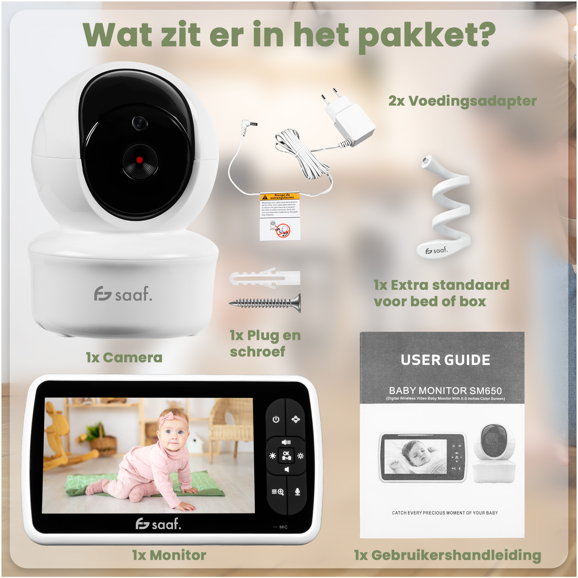 Baby monitor set with camera, monitor, 2 power adapters, screw and manual.