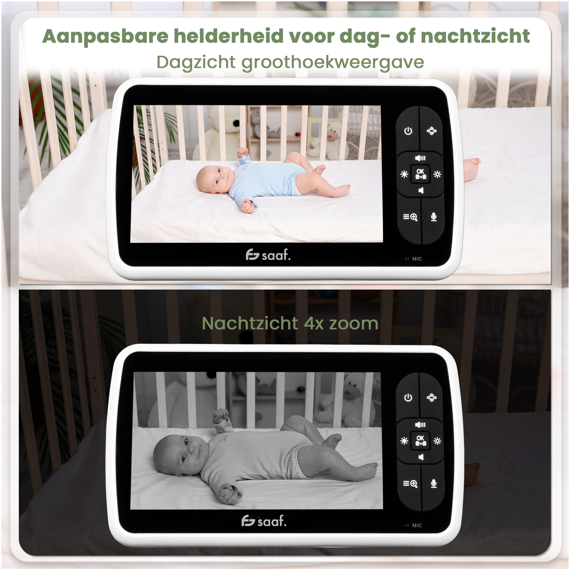 Baby in onesie lies in crib; baby monitor shows day and night views.