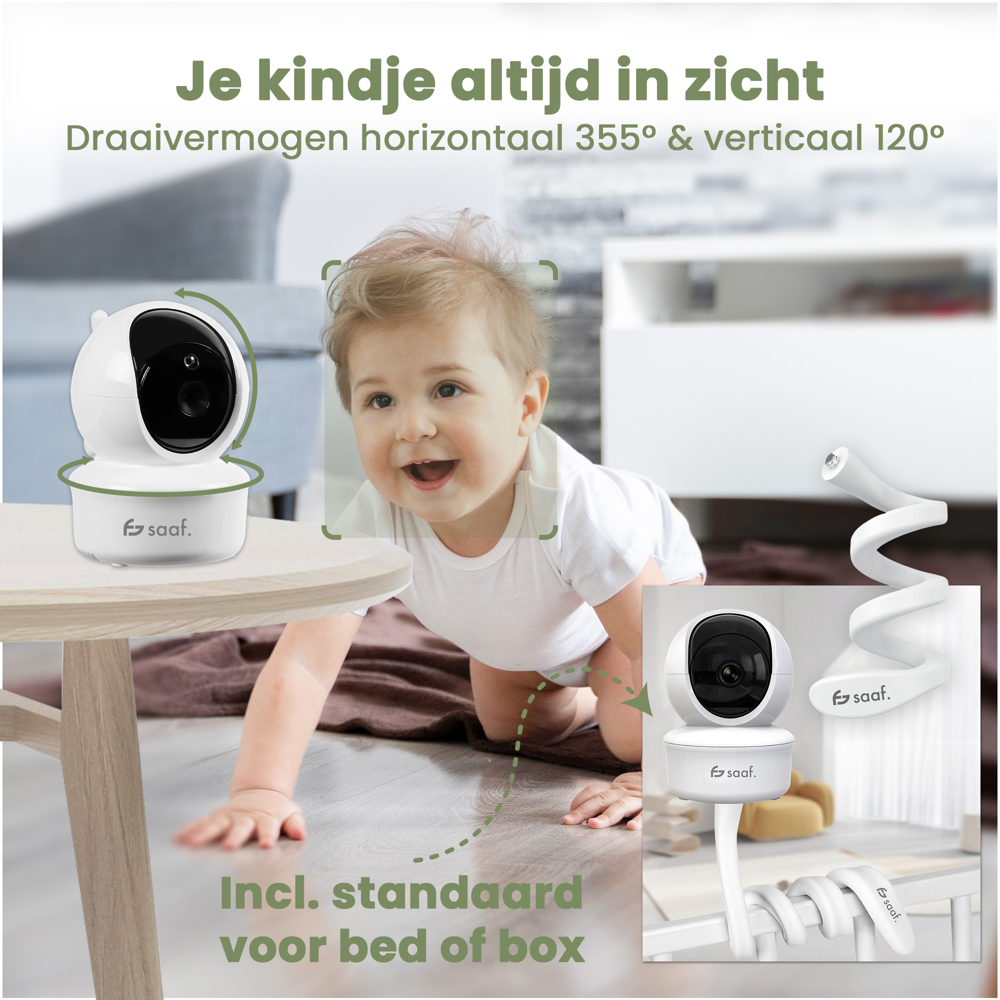 A baby crawls on the floor, a camera is visible.