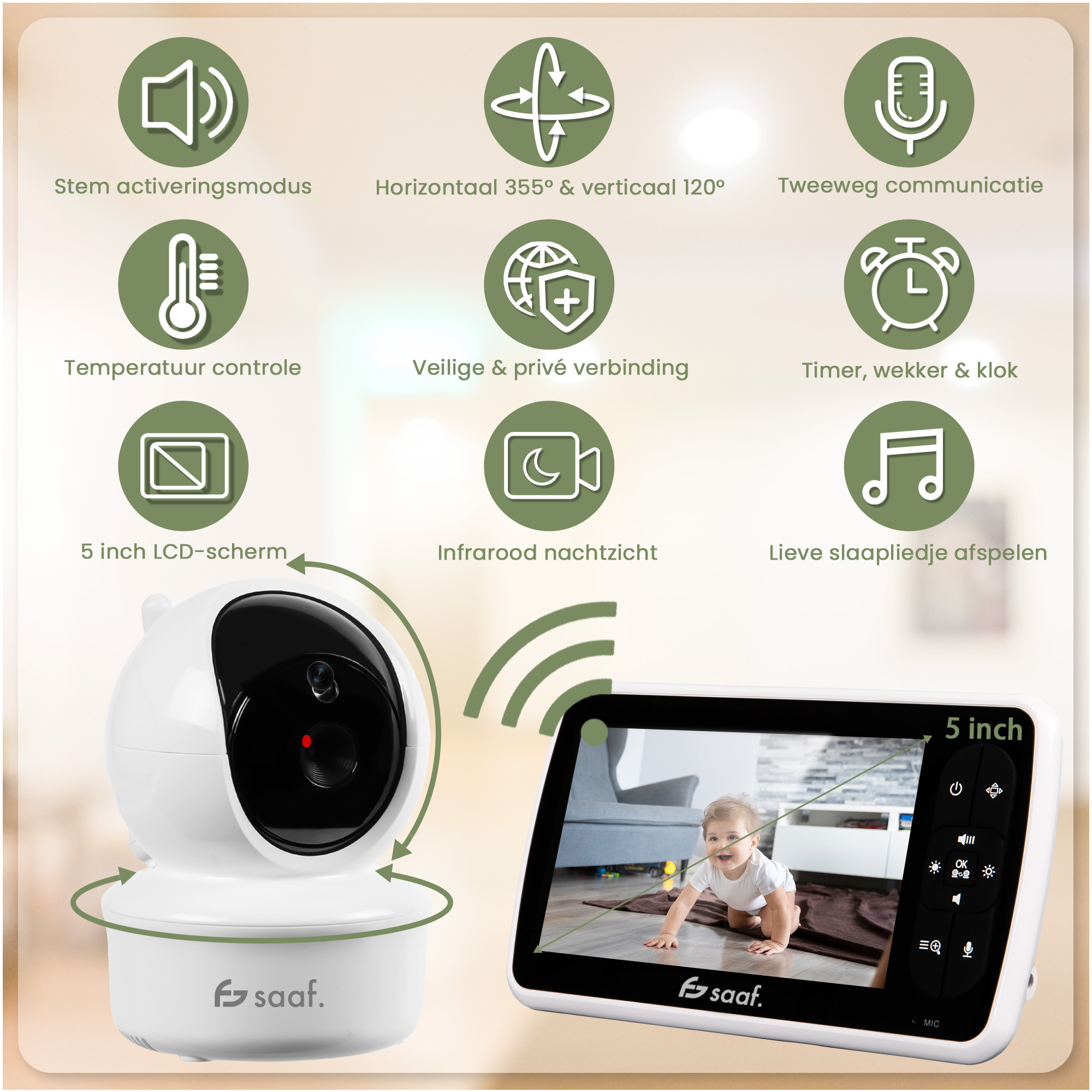 Baby monitor with camera and screen showing baby, features sound, temp, night vision.