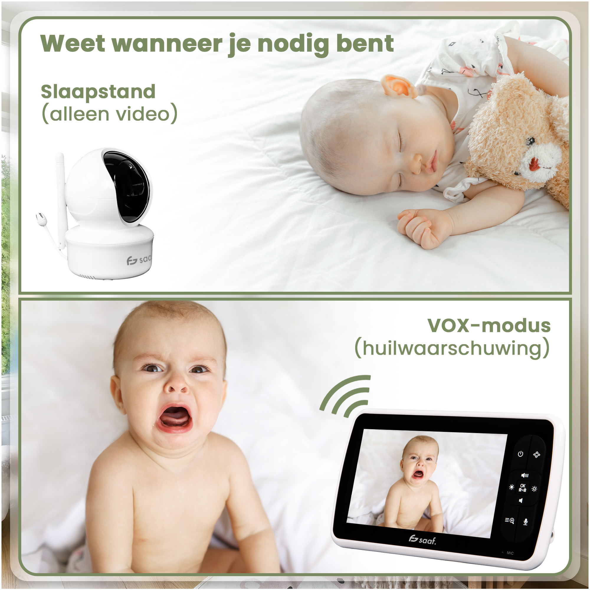 Baby monitor shows sleeping baby and crying baby on screen.