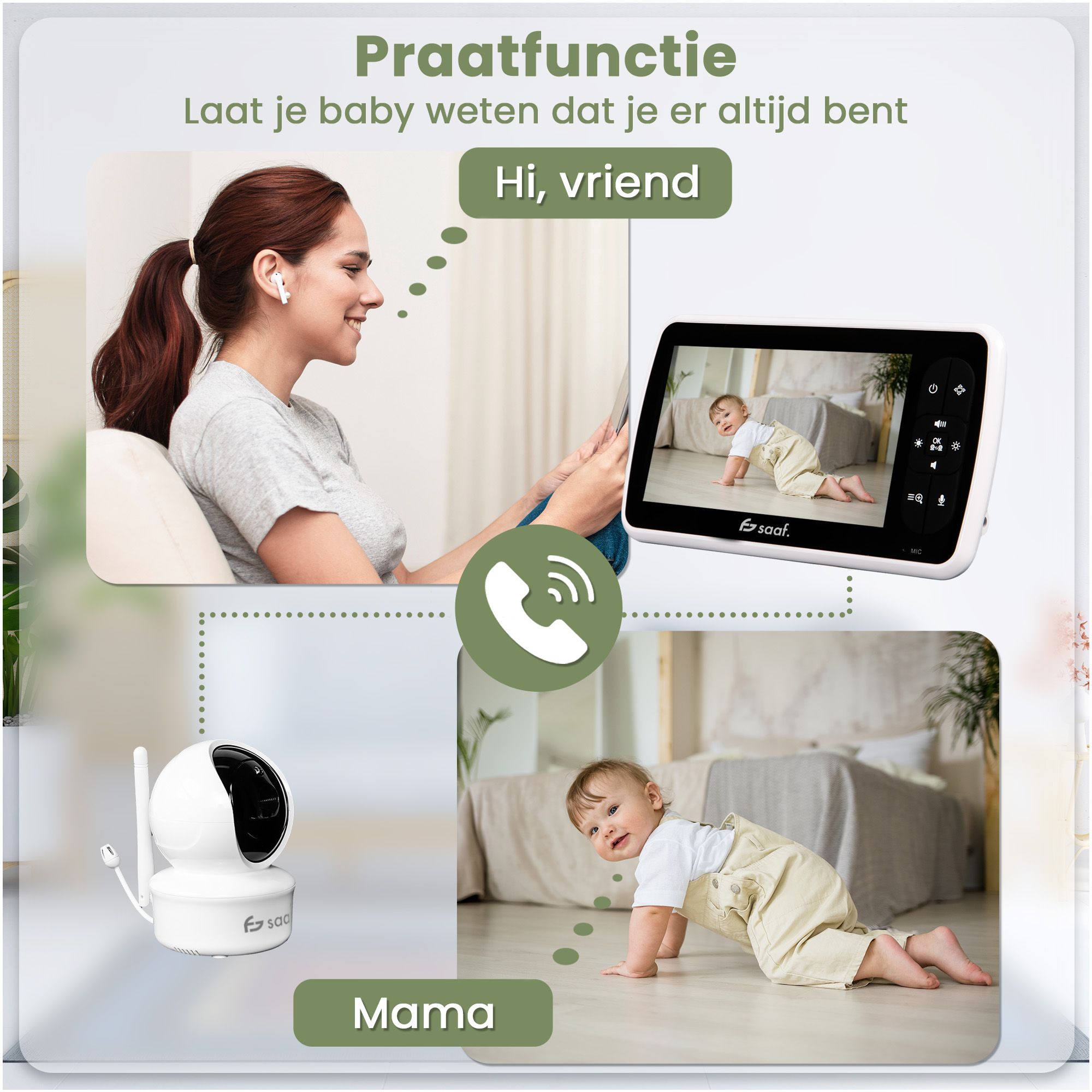 Woman talks via baby monitor to baby. Baby crawls. Camera and monitor shown.
