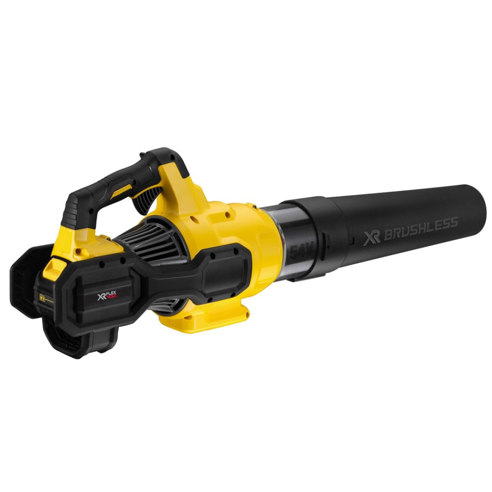 Ein gelber und schwarzer Akku-Laubbläser mit XR FLEXVOLT-Branding. Verfügt über eine schwarze Düse.