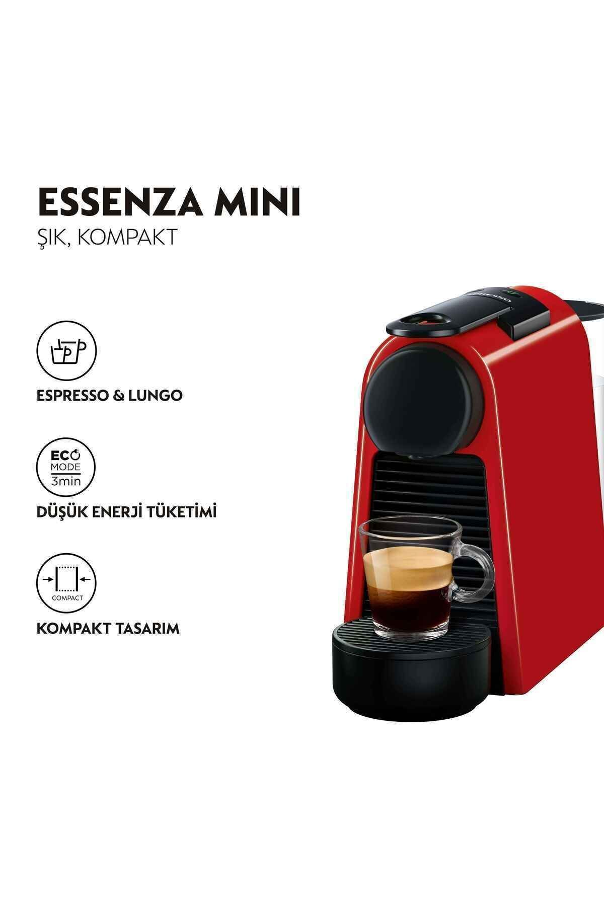 Bardakta espresso bulunan kırmızı Nespresso Essenza Mini kahve makinesi.