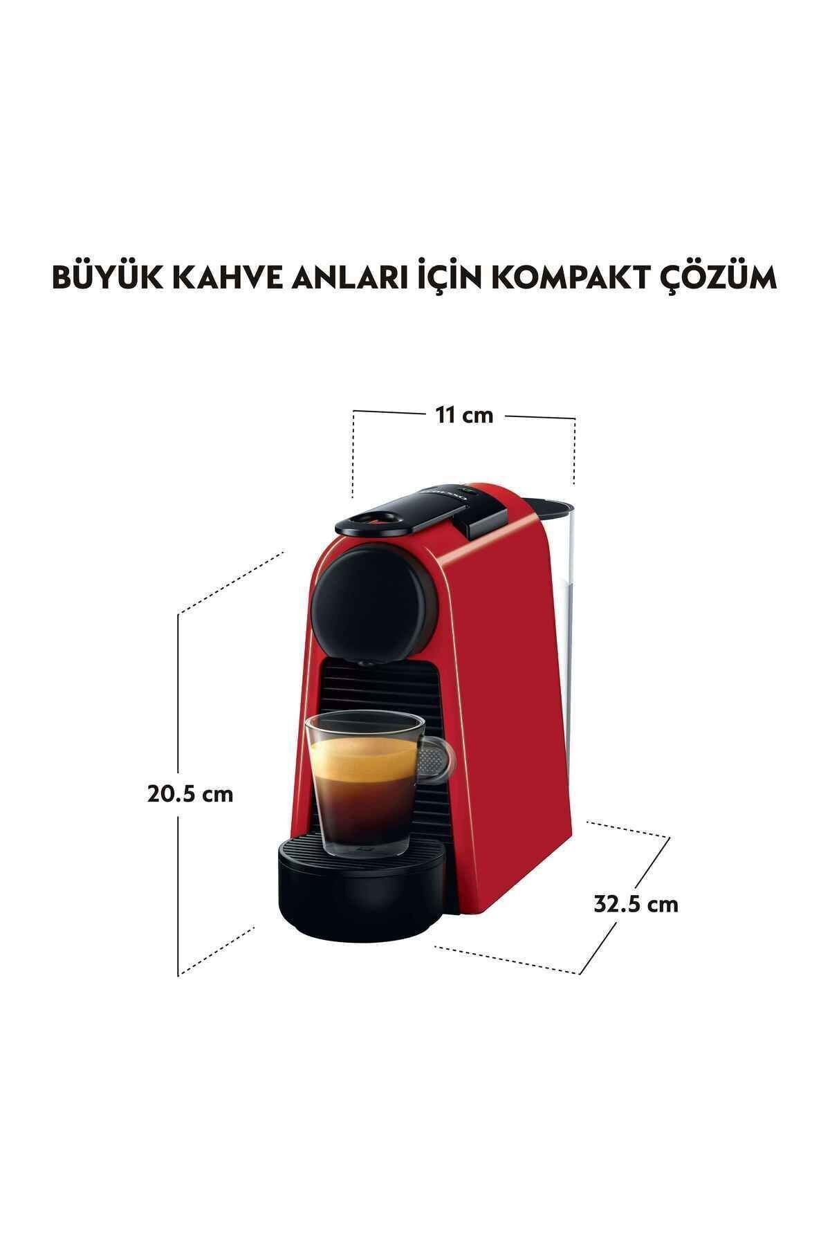 Kırmızı kahve makinesi espresso fincanıyla, boyutlar: 11x20,5x32,5 cm.