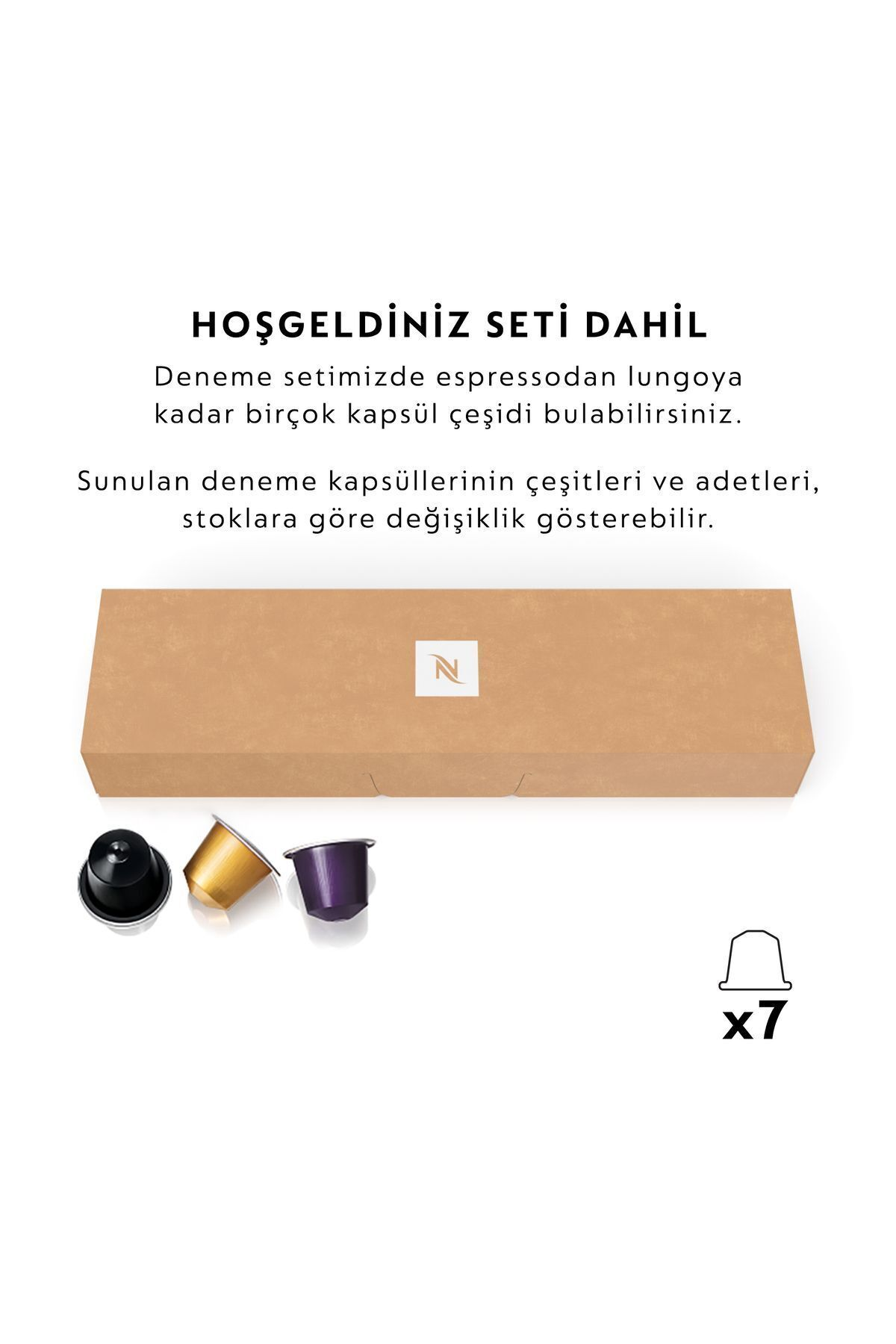 Üç kahve kapsülü ve x7 etiketli kahverengi kutu.