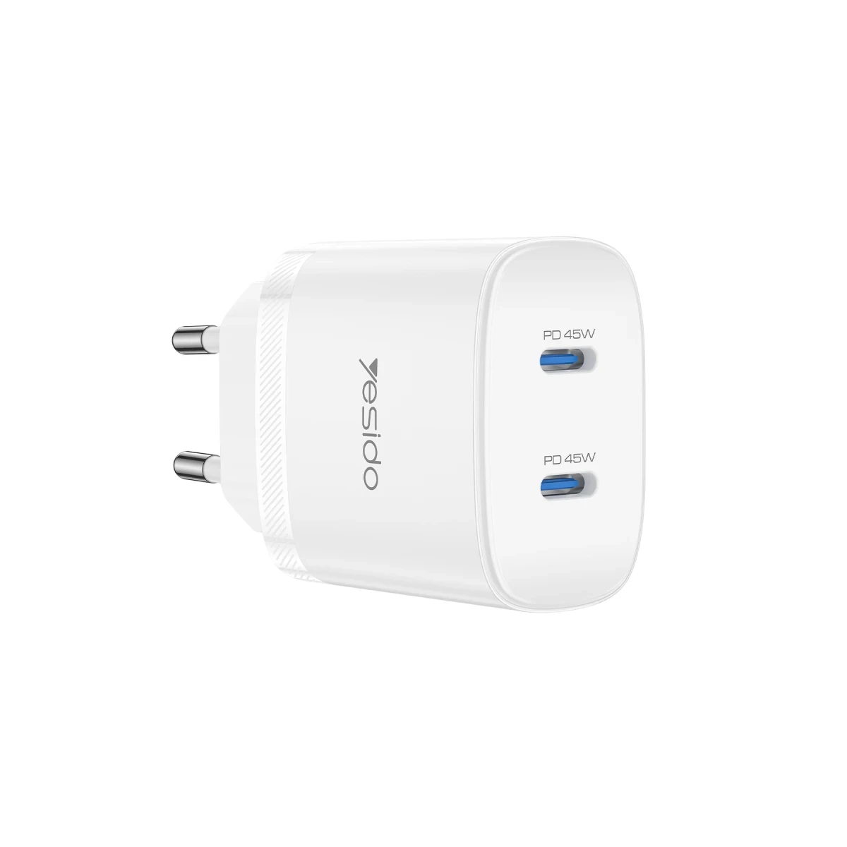 İki USB-C bağlantı noktası ve iki pimi olan beyaz şarj cihazı.