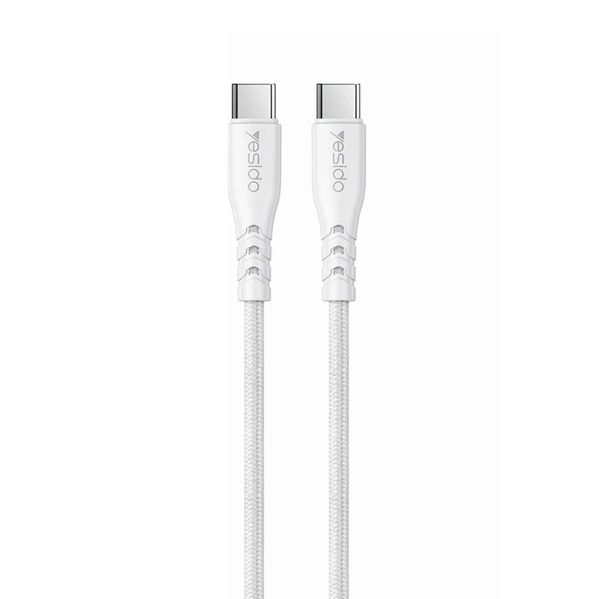 Örgülü kablolu ve beyaz konektörlü iki beyaz USB-C kablosu.