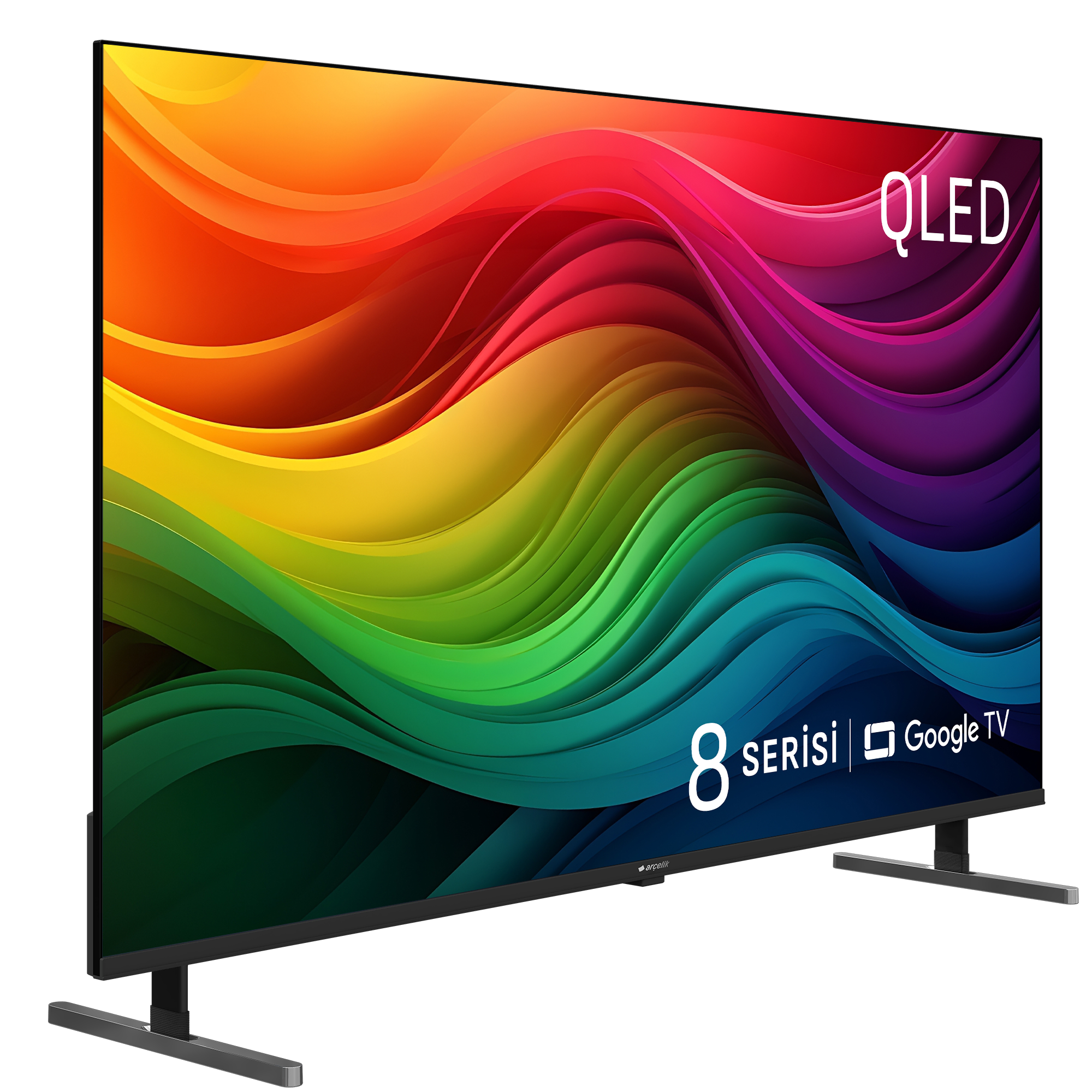 QLED TV ekranda canlı bir gökkuşağı dalgası deseni gösteriyor. Şık siyah çerçeveli ve gümüş ayaklıdır.