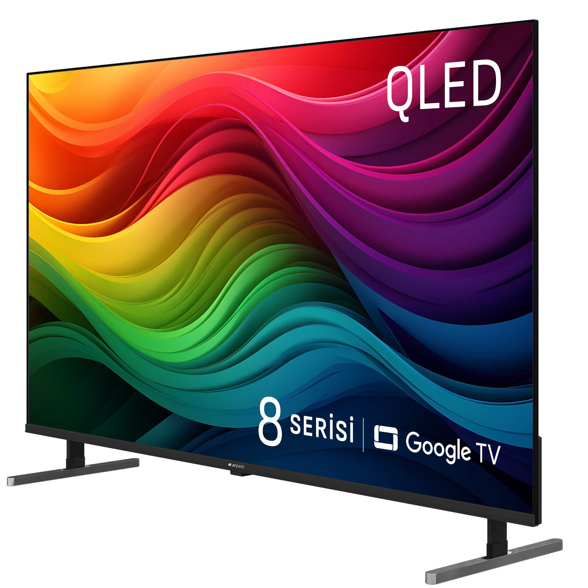Google TV'li QLED 8 Serisi TV, renkli bir ekran sergiliyor.