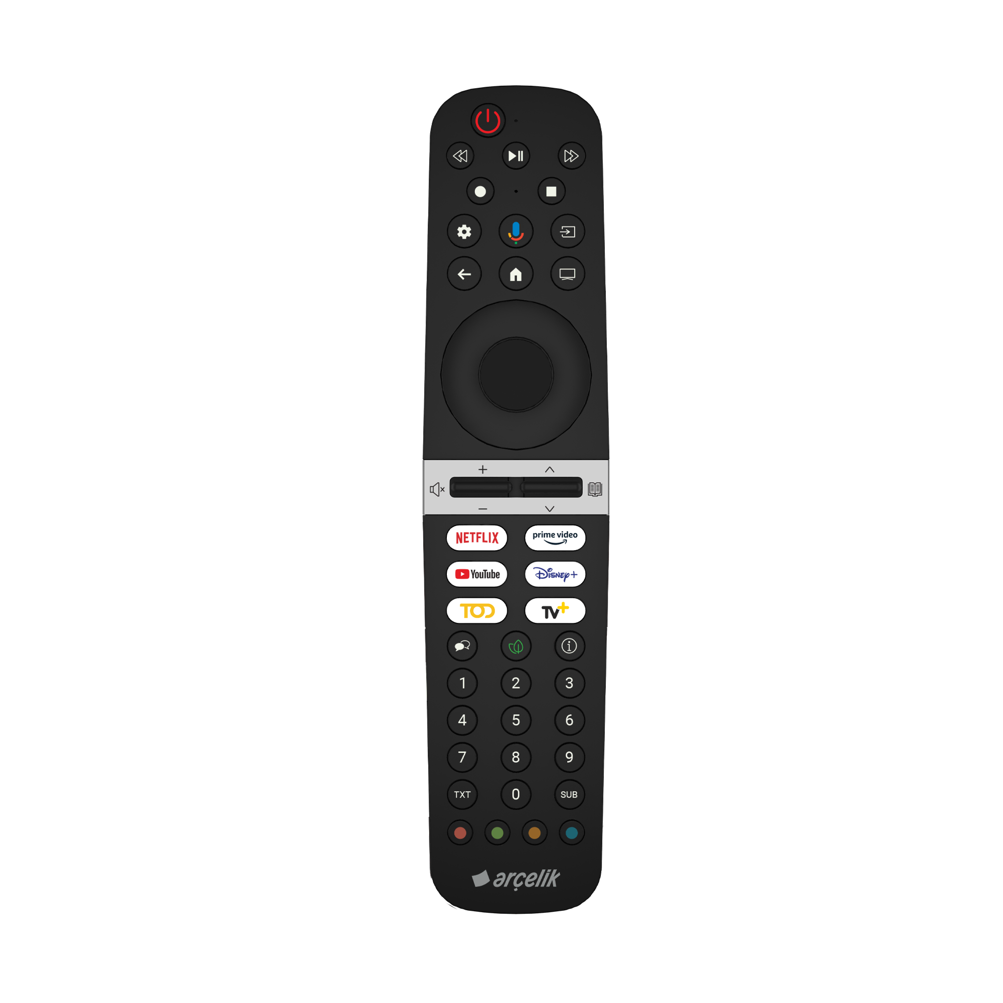 Netflix, Prime Video, YouTube, Disney+ ve TV uygulamaları düğmelerine sahip siyah kumanda.