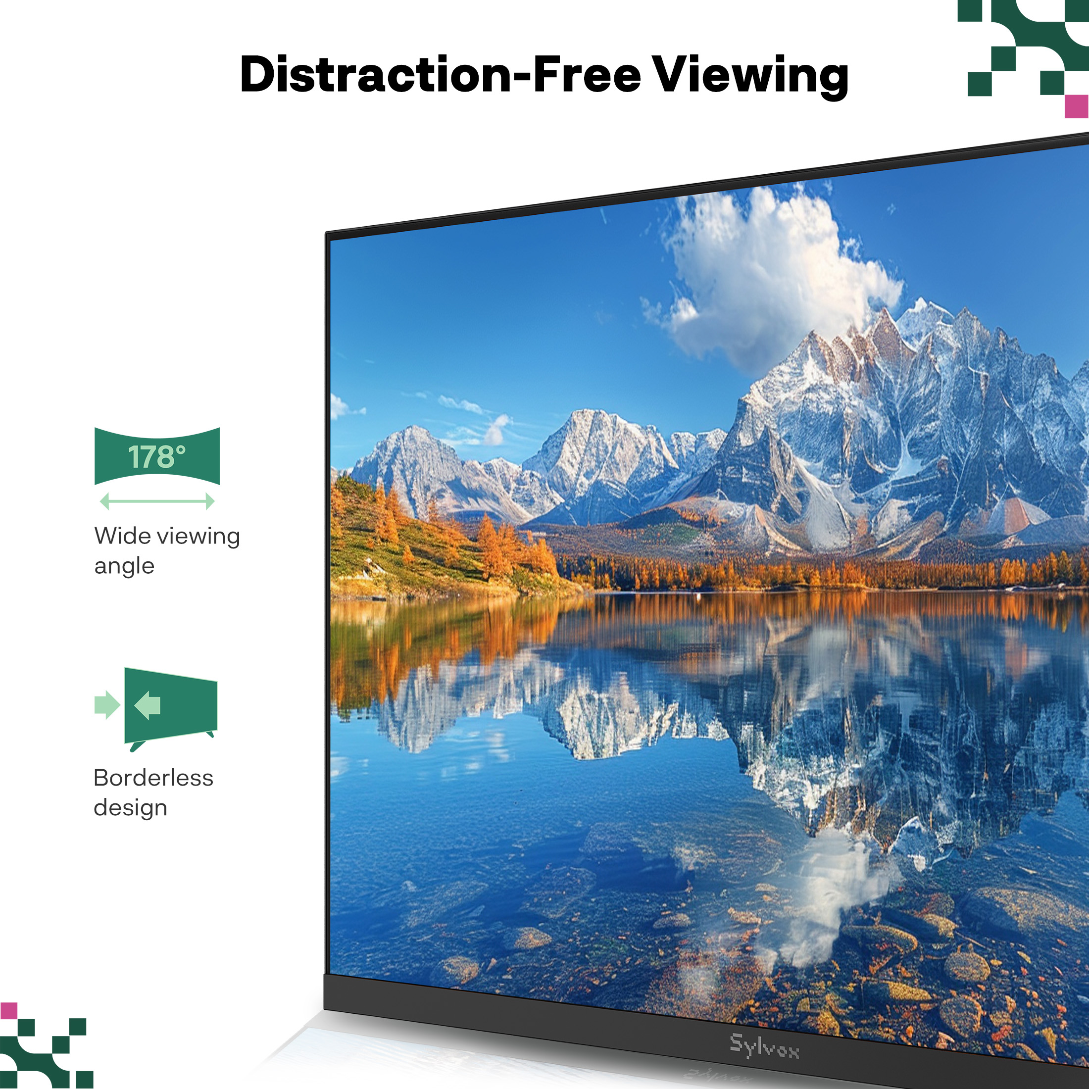 Ein Monitor zeigt eine Berglandschaft mit See und Herbstbäumen. 178° Weitwinkel.