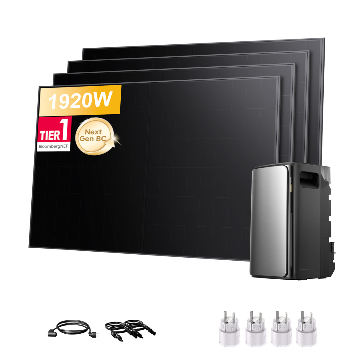Vier schwarze Solarmodule, eine Stromstation, Kabel und vier Stecker sind abgebildet.