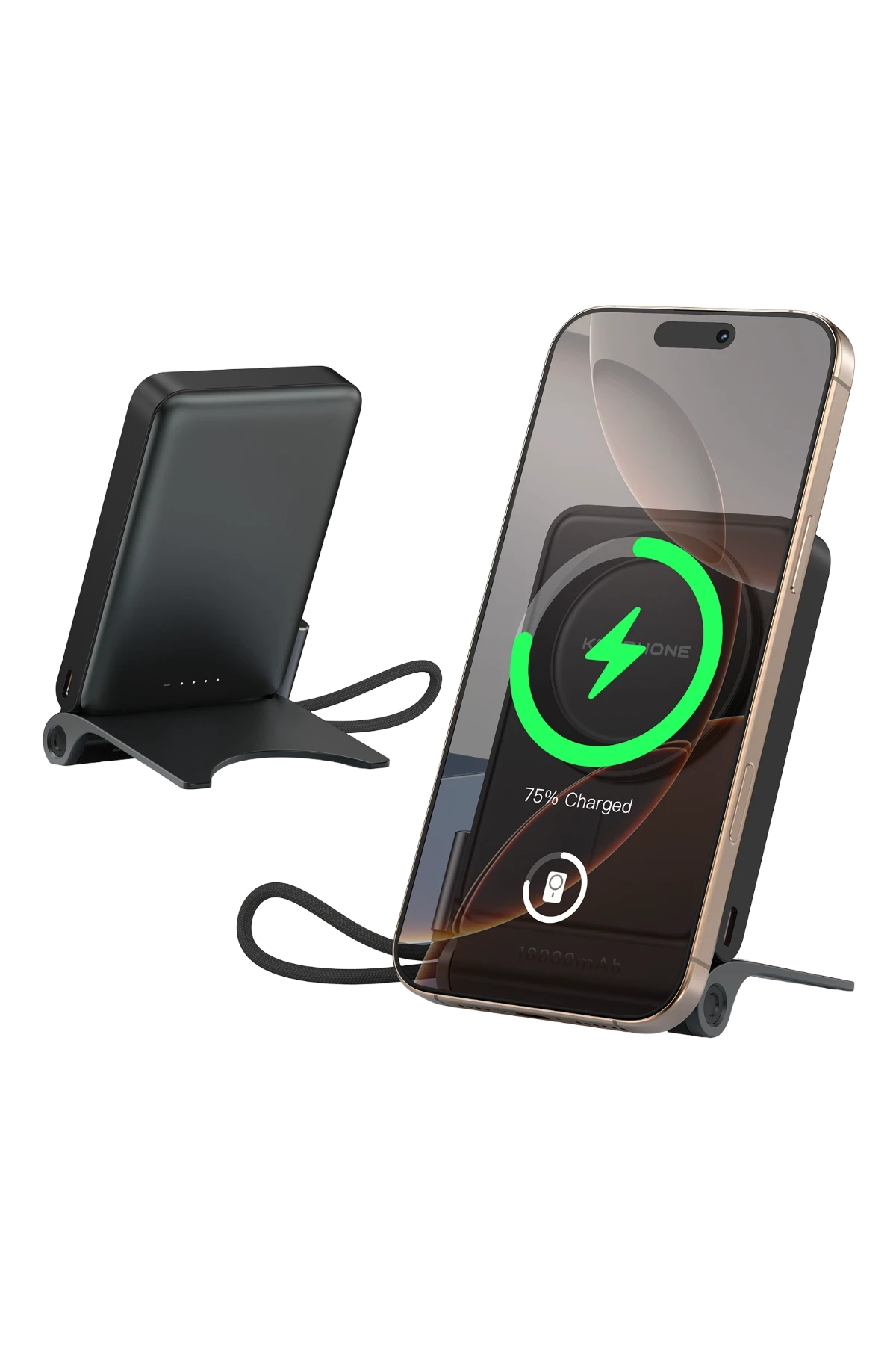 Siyah bir şarj cihazı ve %75 şarj olduğunu gösteren bir akıllı telefon.