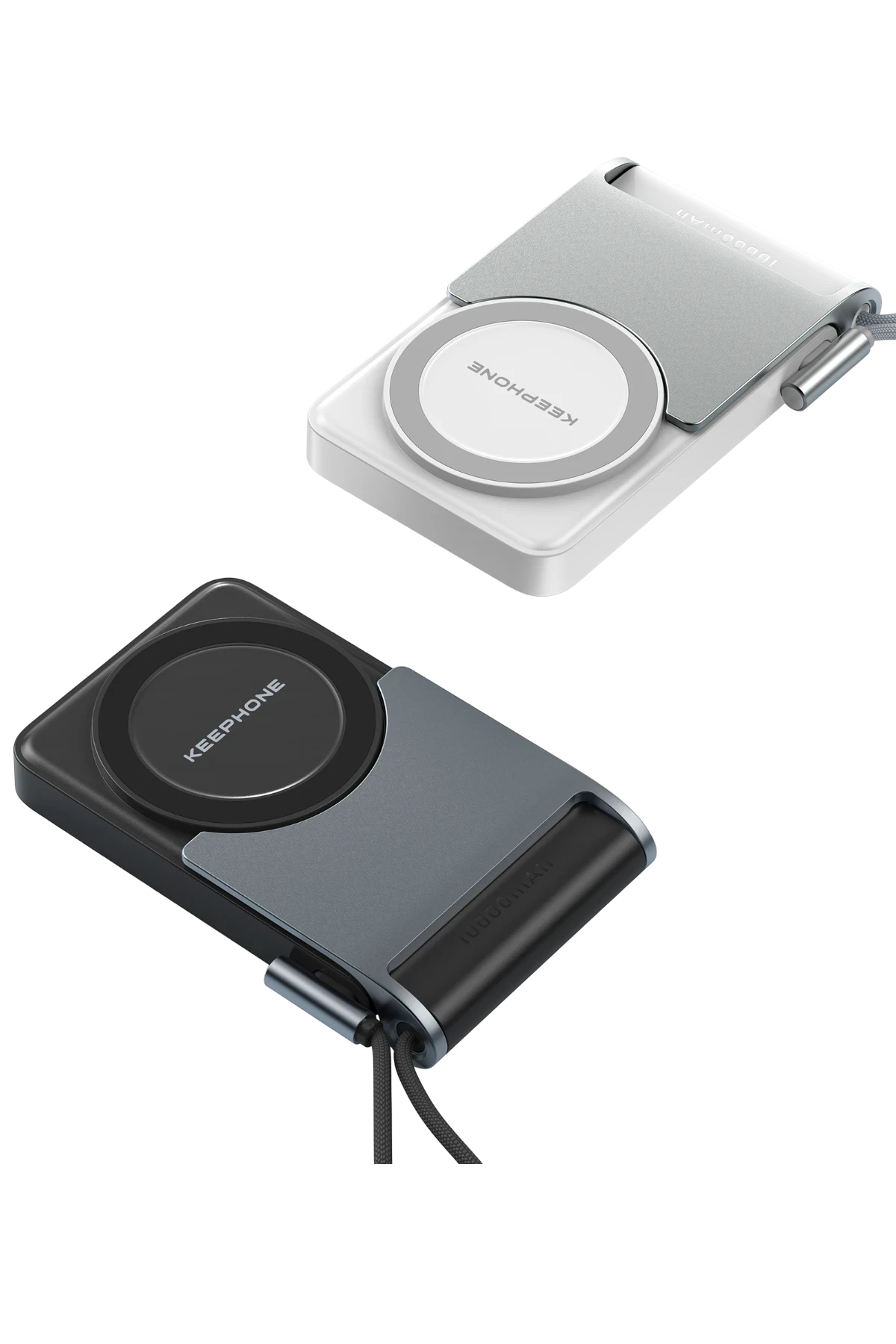 İki KeepPhone powerbank: biri gümüş üstlü beyaz, diğeri gri üstlü koyu renk.