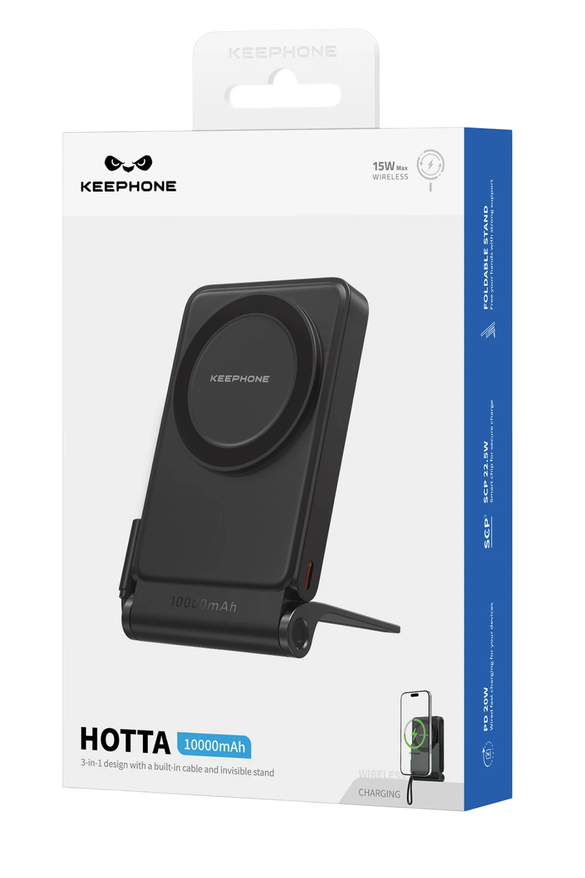 Ambalajında siyah 10000mAh Keephone katlanabilir şarj cihazı.