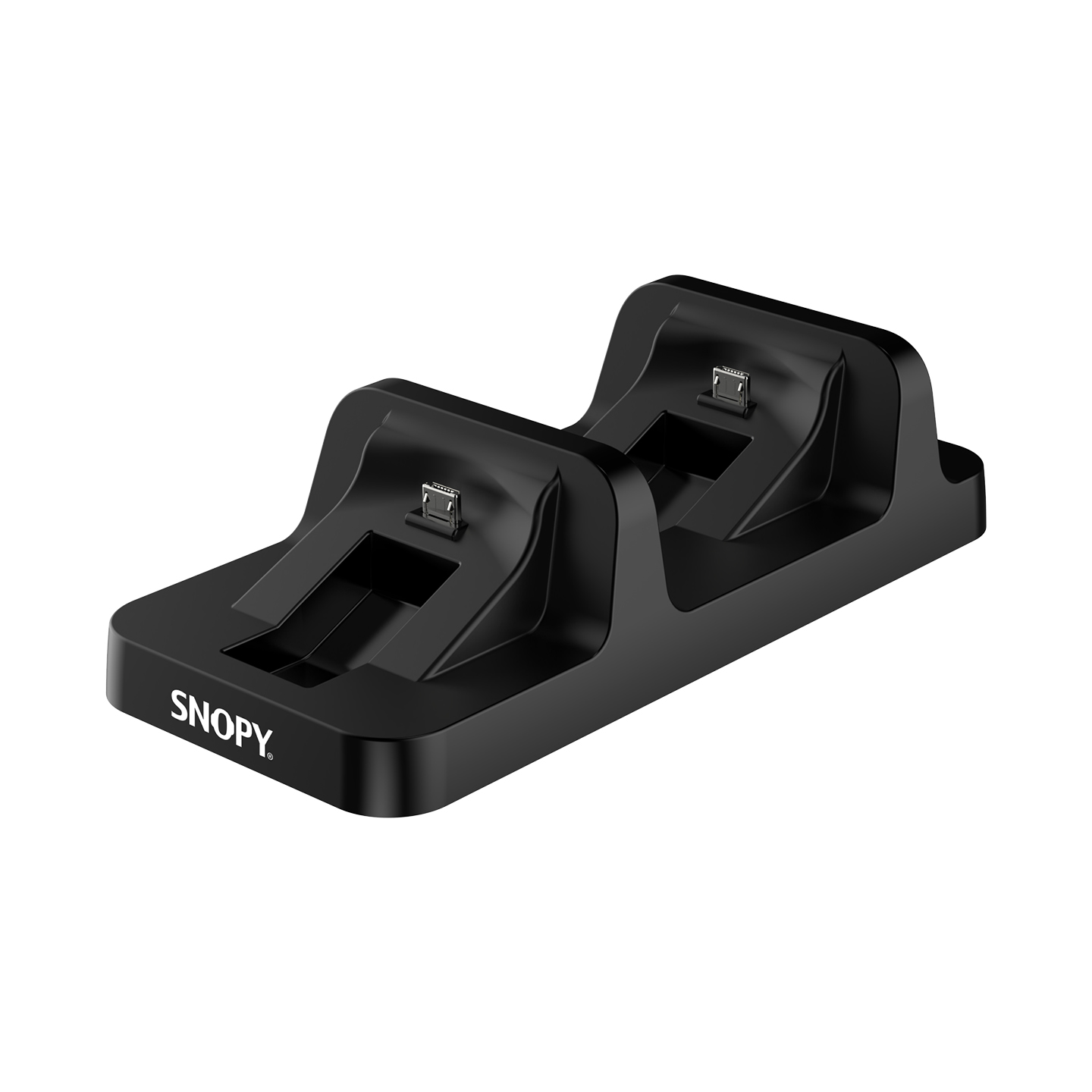 Siyah Snoopy çiftli kontrolcü şarj istasyonu, mikro USB bağlantı noktaları.