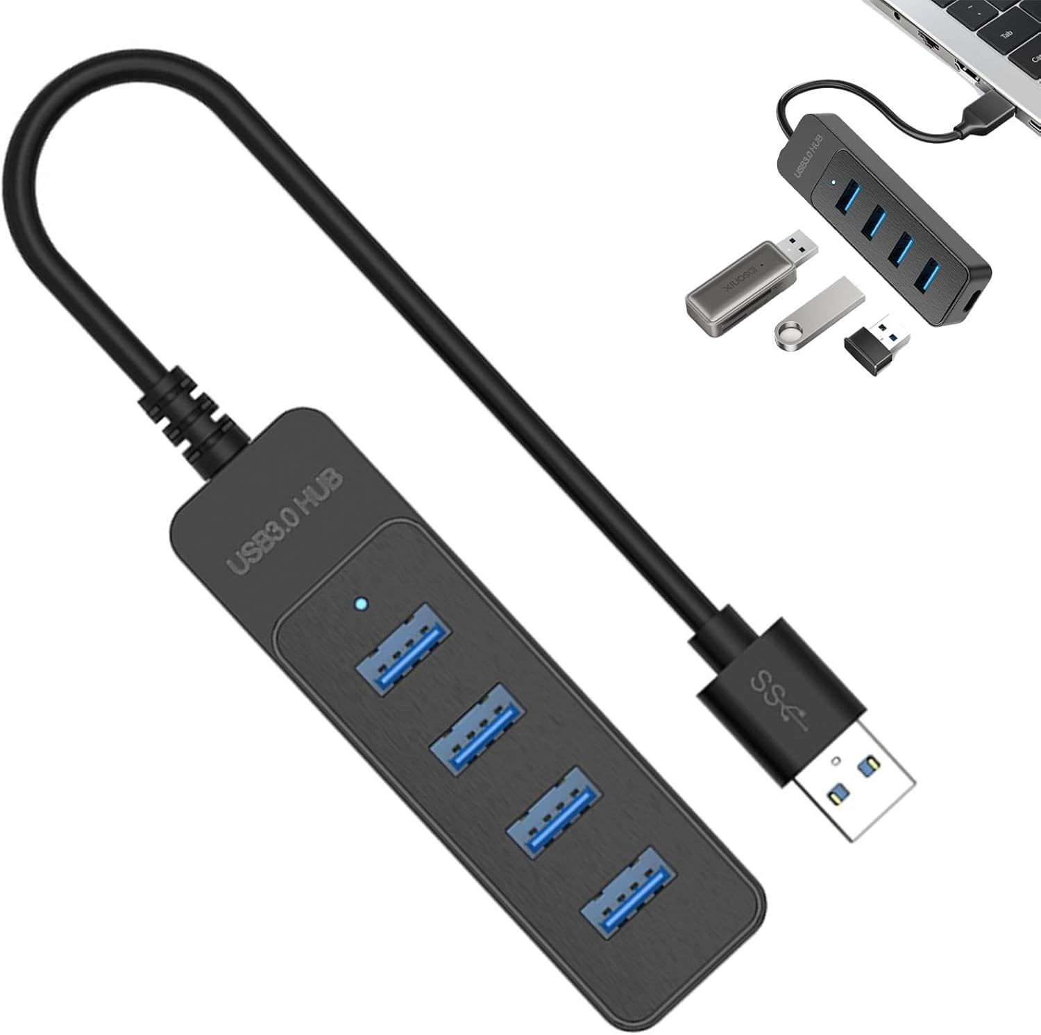 Dört mavi portlu ve USB-A konektörlü siyah USB 3.0 hub.